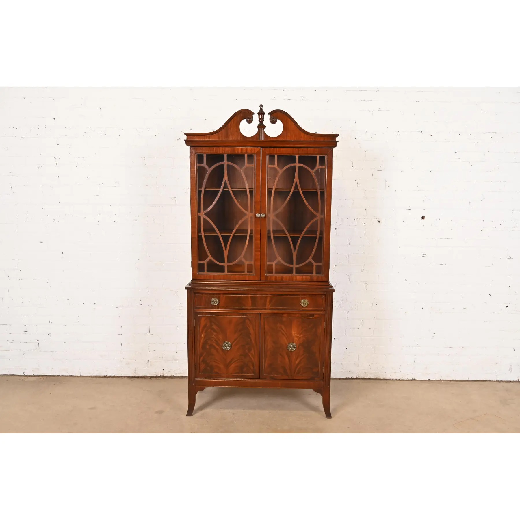 Baker Furniture Style Georgian Flame Mahogany Breakfront Bookcase Cabinet
