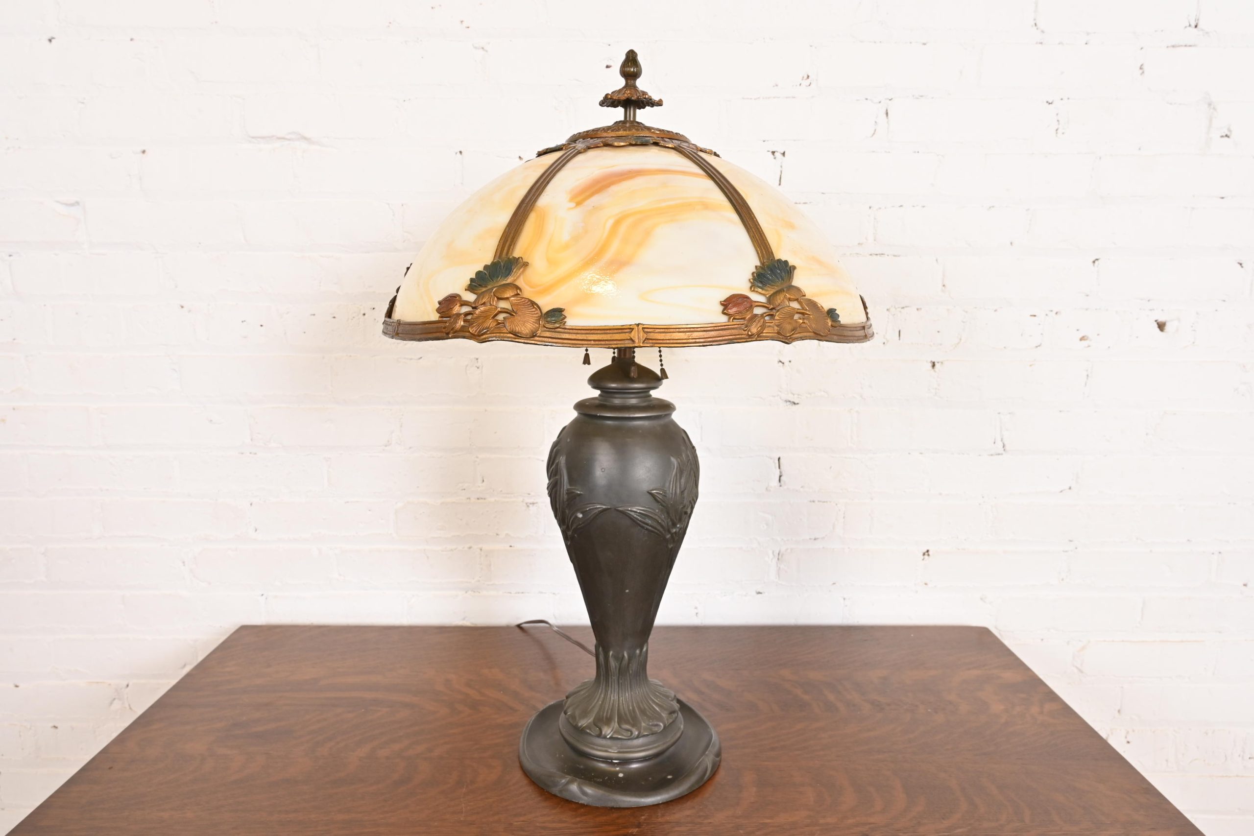 Antique Art Nouveau Slag Glass Table Lamp in the Manner of Handel, Circa 1920s