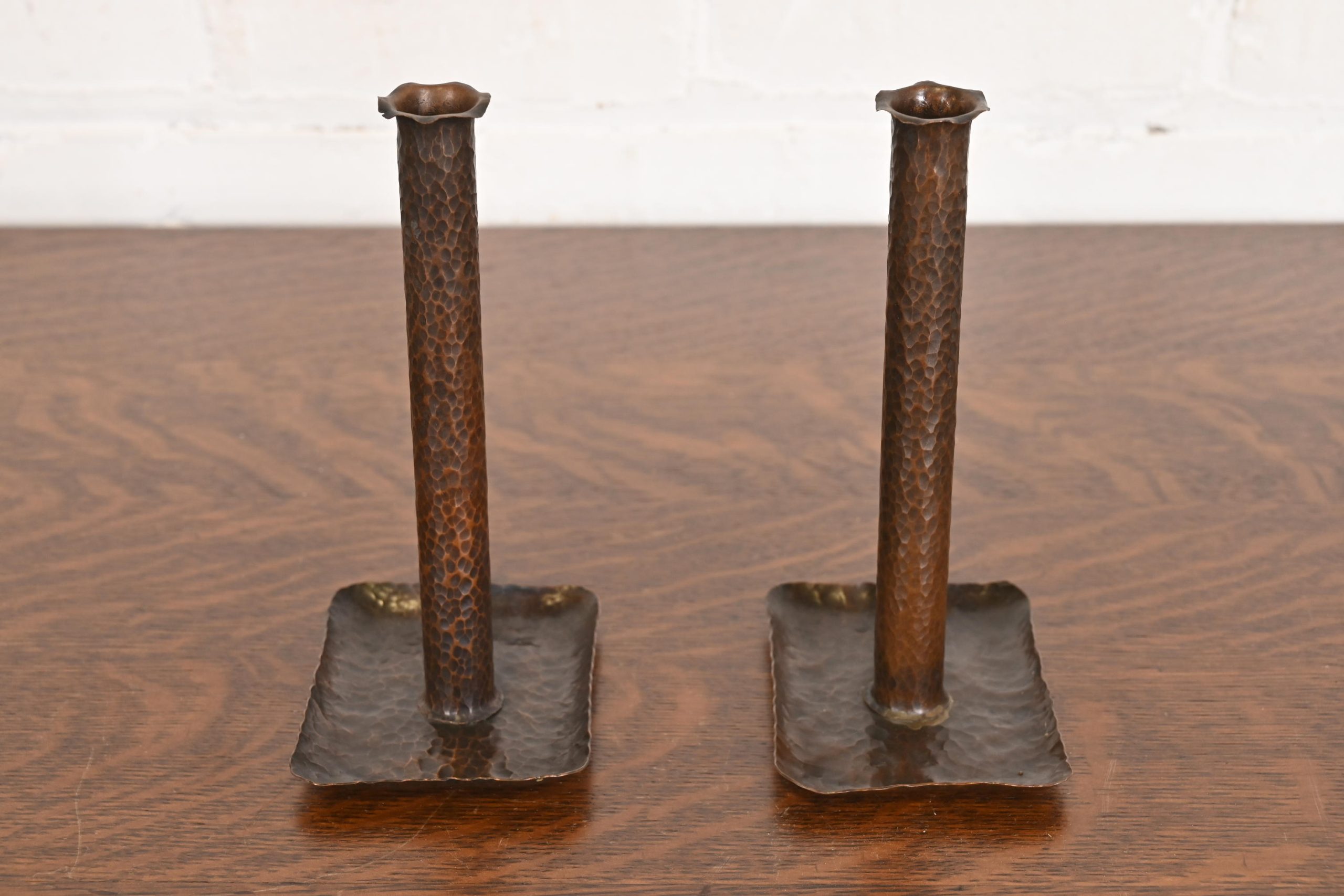Roycroft Style Arts & Crafts Hammered Copper Handled Candlesticks, Pair - Image 2