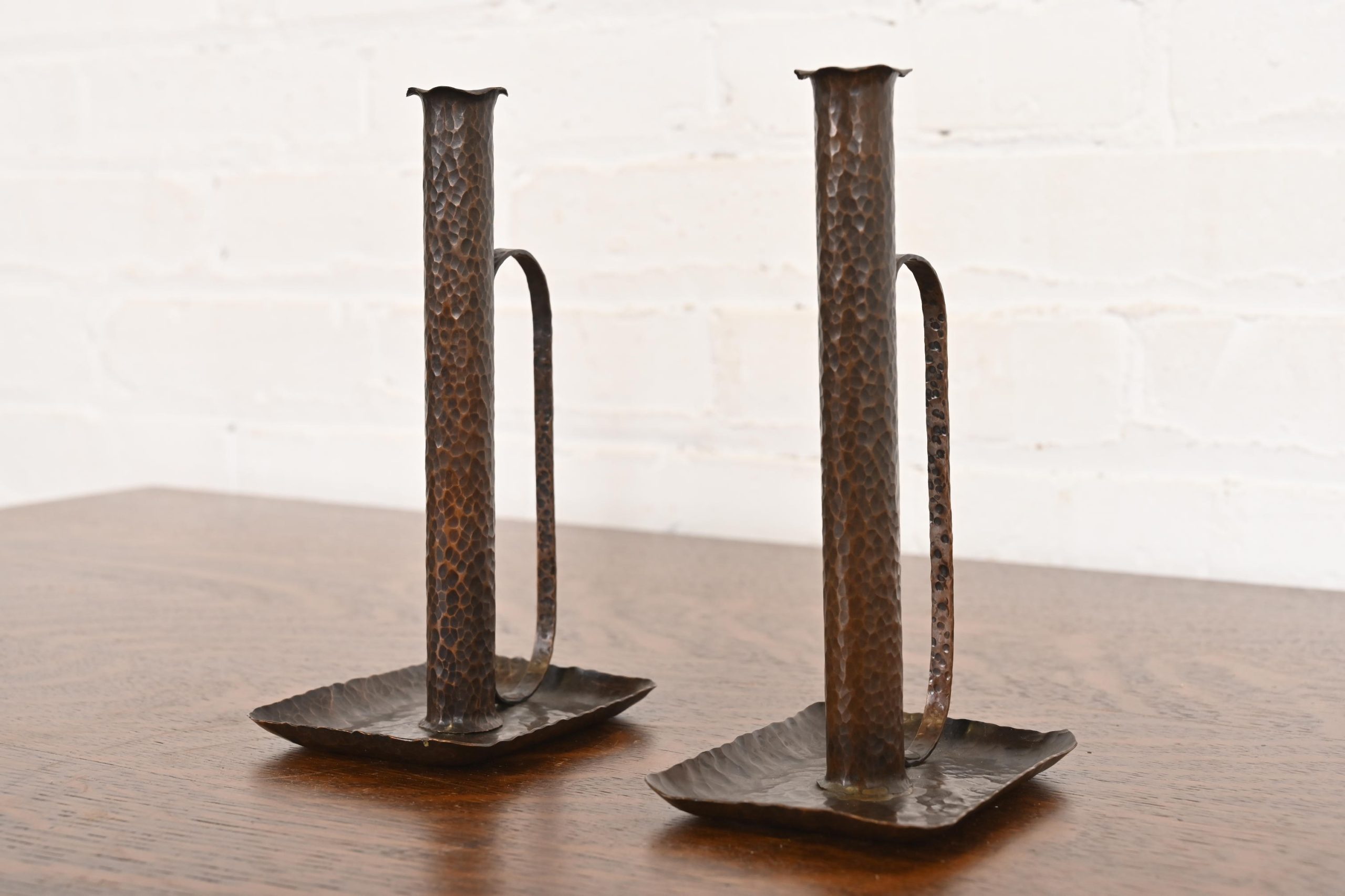 Roycroft Style Arts & Crafts Hammered Copper Handled Candlesticks, Pair - Image 3