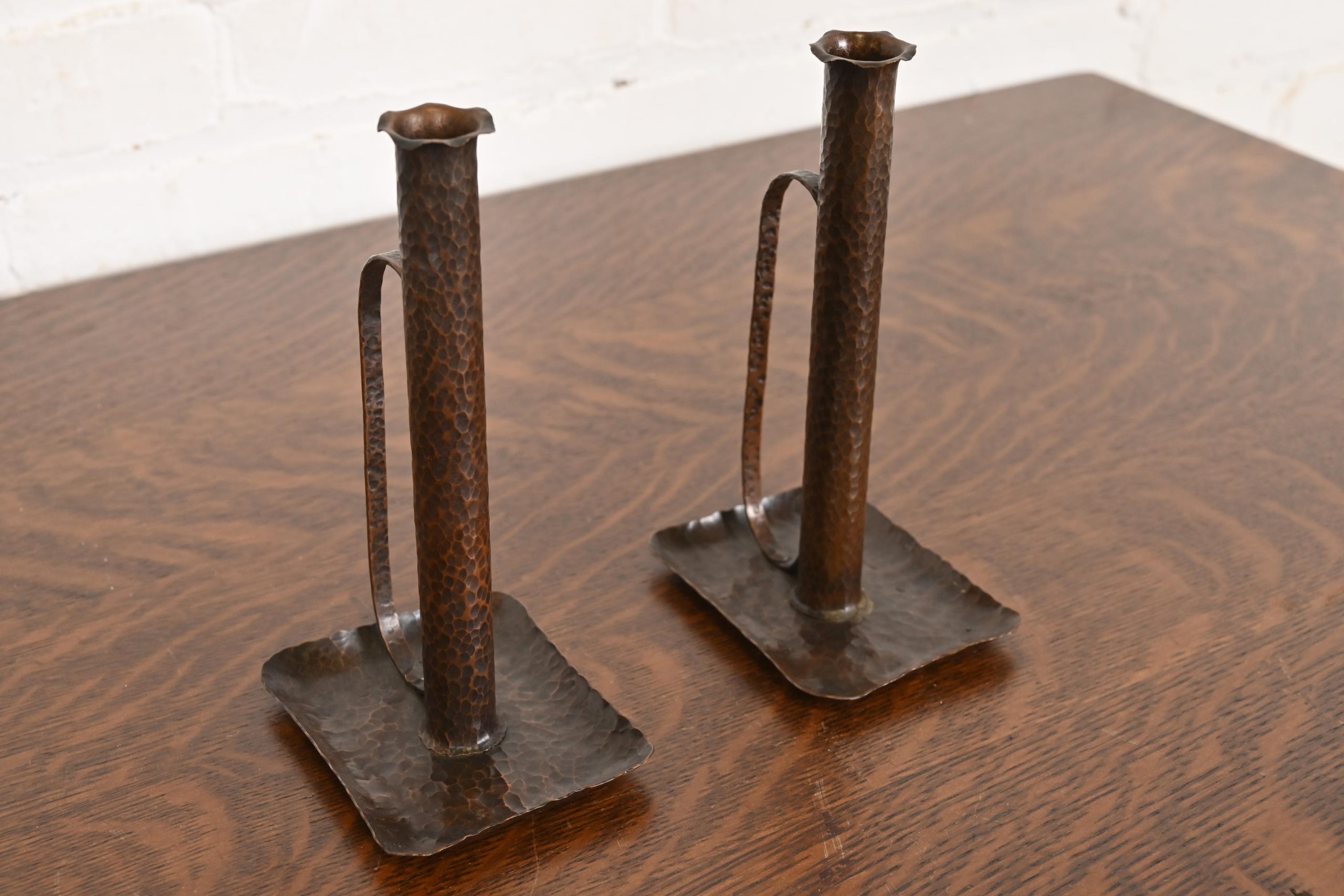 Roycroft Style Arts & Crafts Hammered Copper Handled Candlesticks, Pair - Image 4