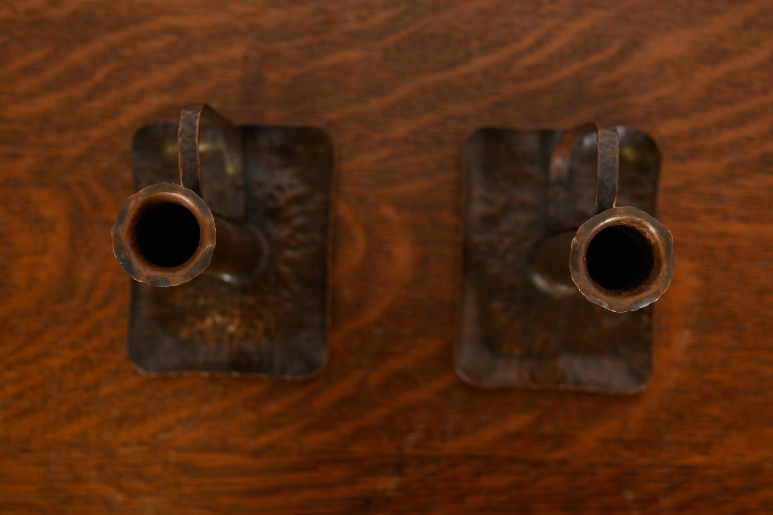 Roycroft Style Arts & Crafts Hammered Copper Handled Candlesticks, Pair - Image 5