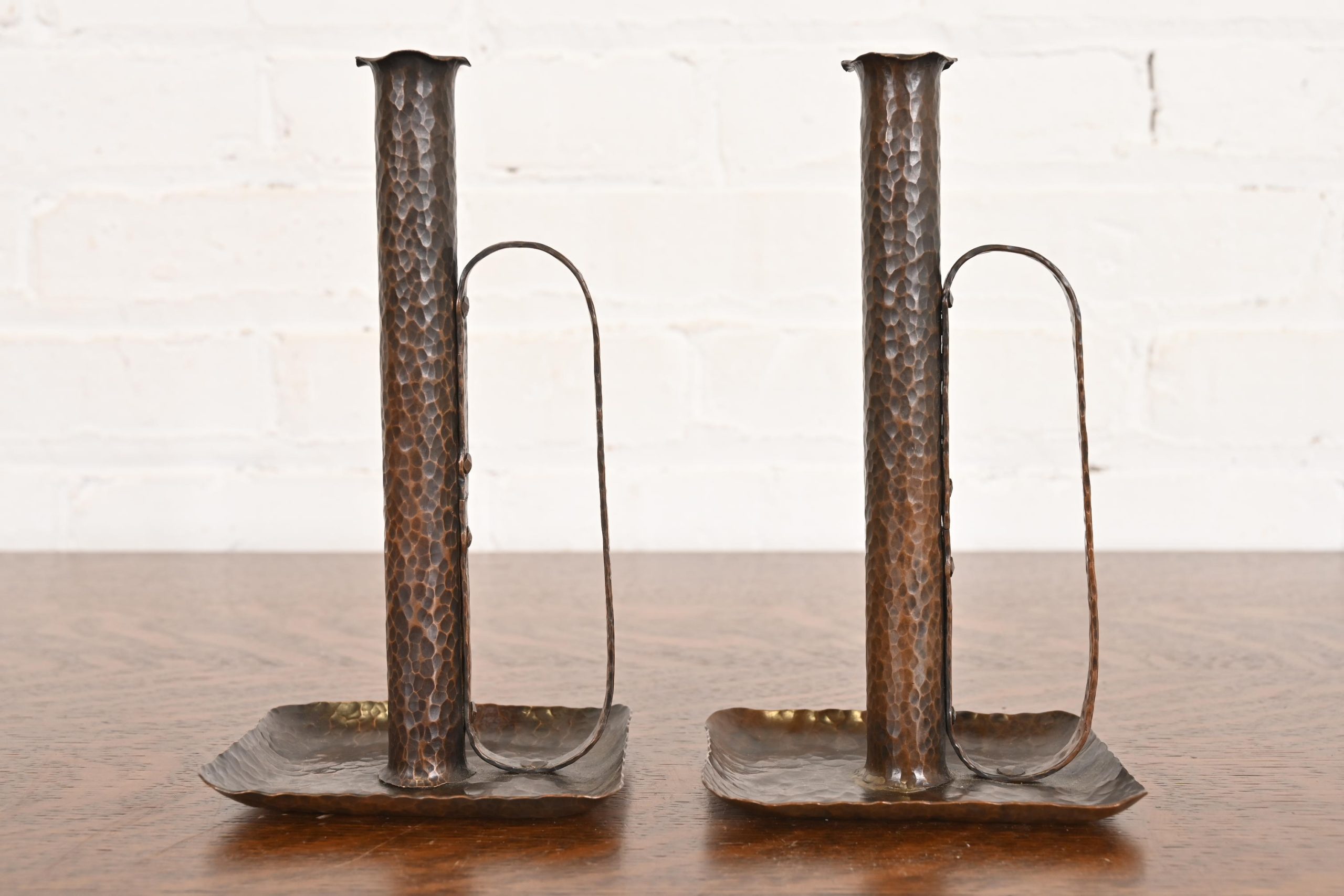 Roycroft Style Arts & Crafts Hammered Copper Handled Candlesticks, Pair