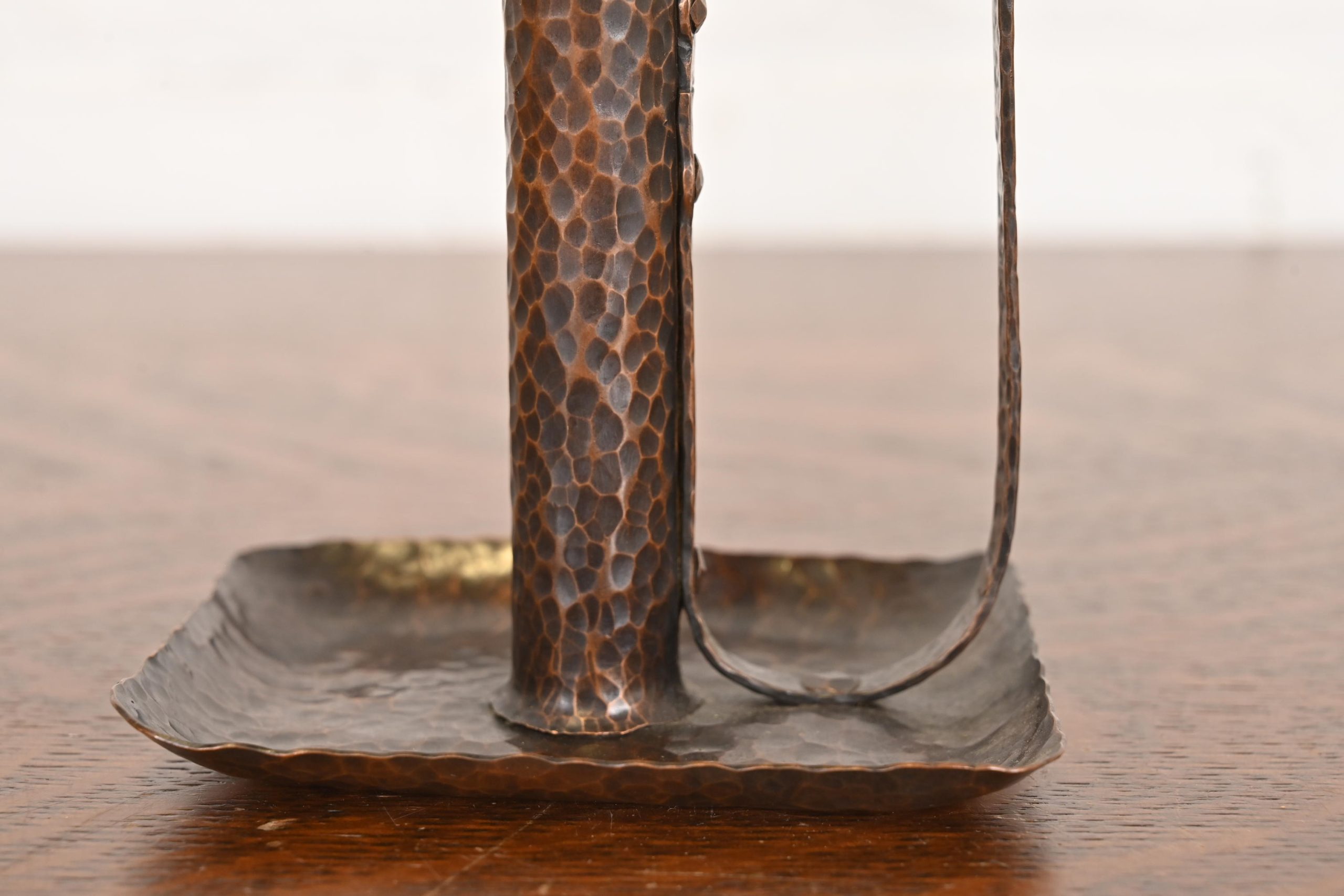 Roycroft Style Arts & Crafts Hammered Copper Handled Candlesticks, Pair - Image 8