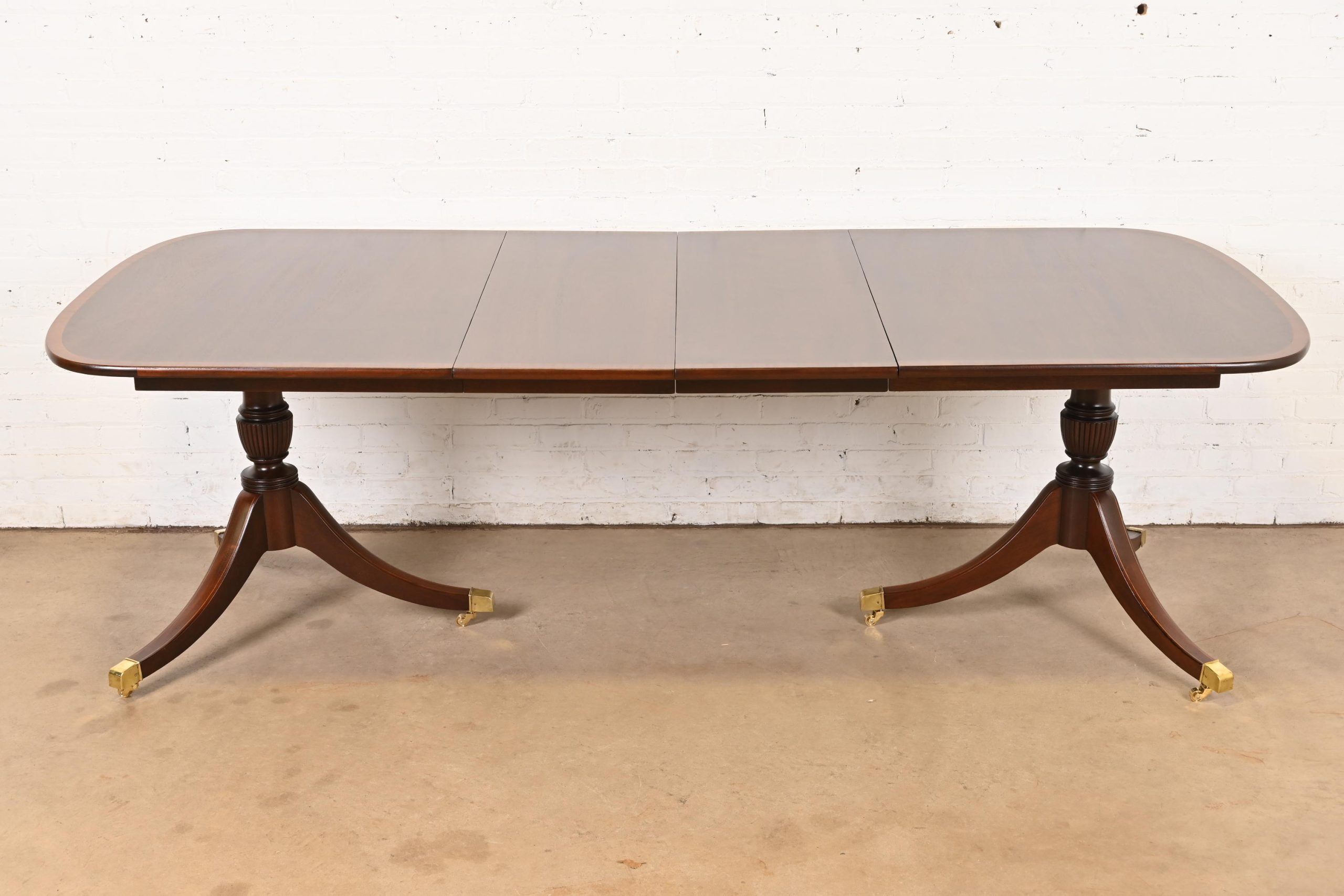 Baker Furniture Style Georgian Banded Mahogany Double Pedestal Extension Dining Table, Newly Refinished - Image 2