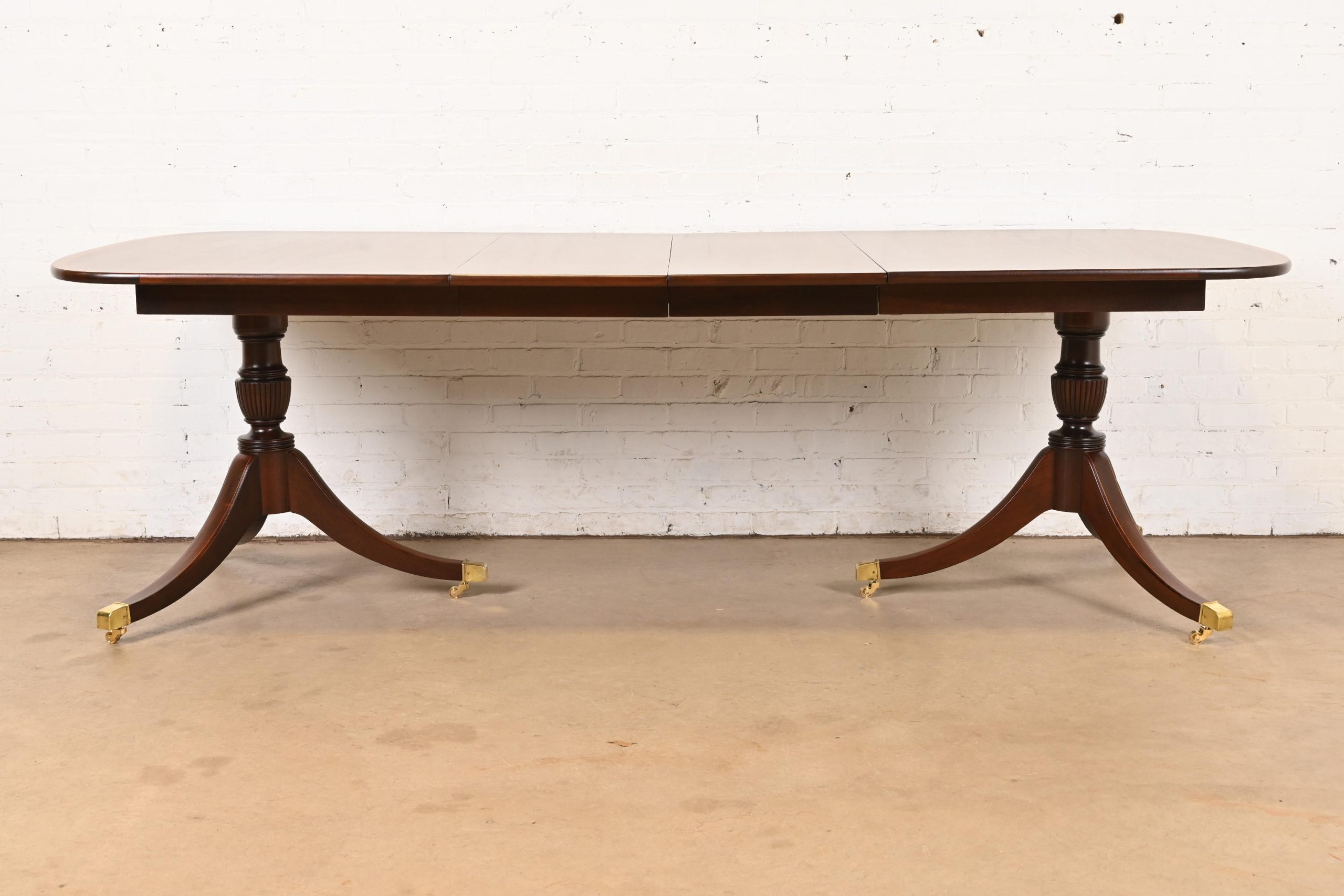 Baker Furniture Style Georgian Banded Mahogany Double Pedestal Extension Dining Table, Newly Refinished - Image 3