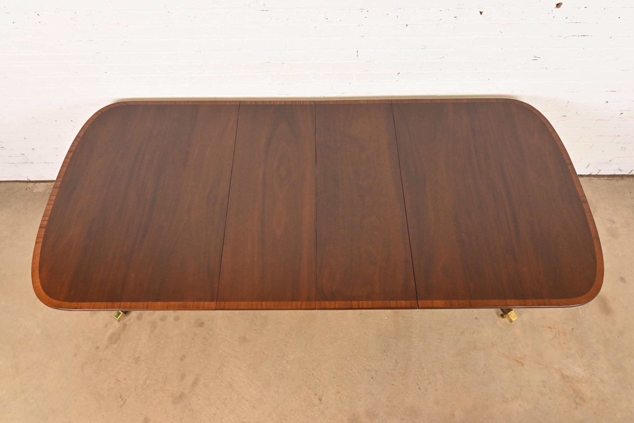 Baker Furniture Style Georgian Banded Mahogany Double Pedestal Extension Dining Table, Newly Refinished - Image 5