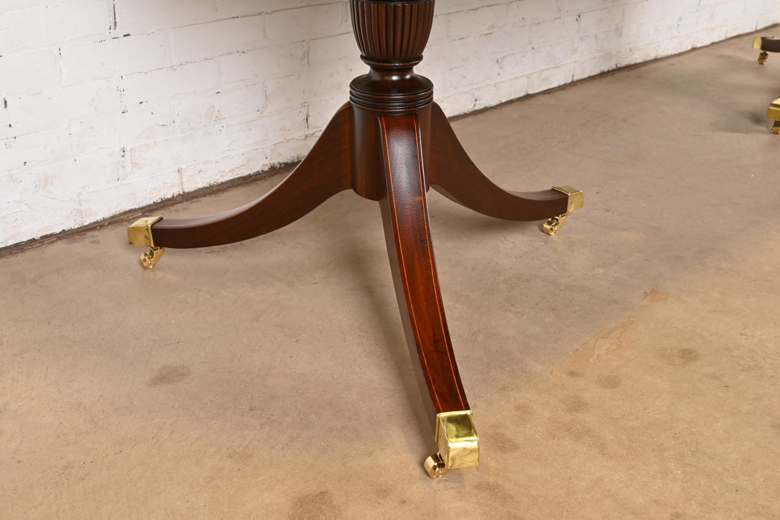 Baker Furniture Style Georgian Banded Mahogany Double Pedestal Extension Dining Table, Newly Refinished - Image 10