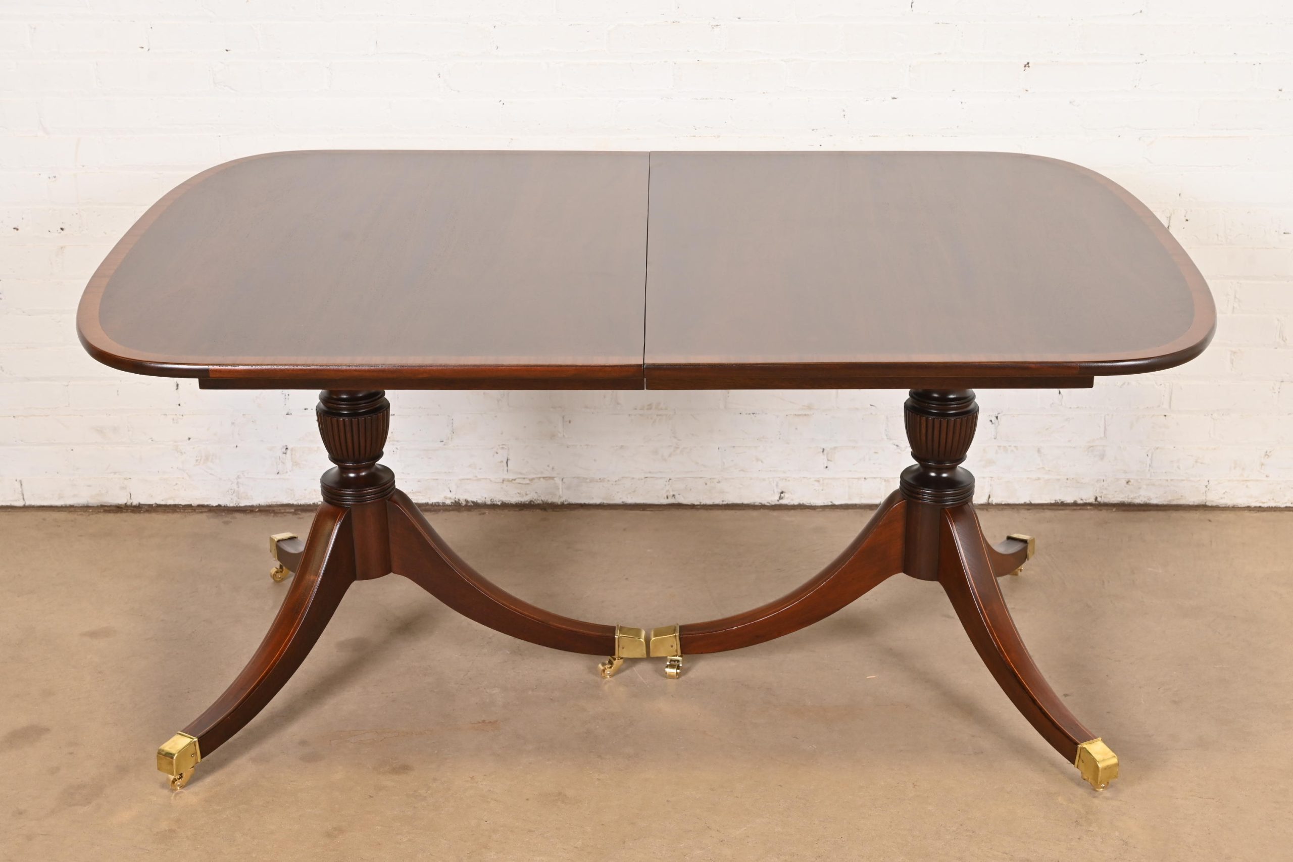 Baker Furniture Style Georgian Banded Mahogany Double Pedestal Extension Dining Table, Newly Refinished - Image 7
