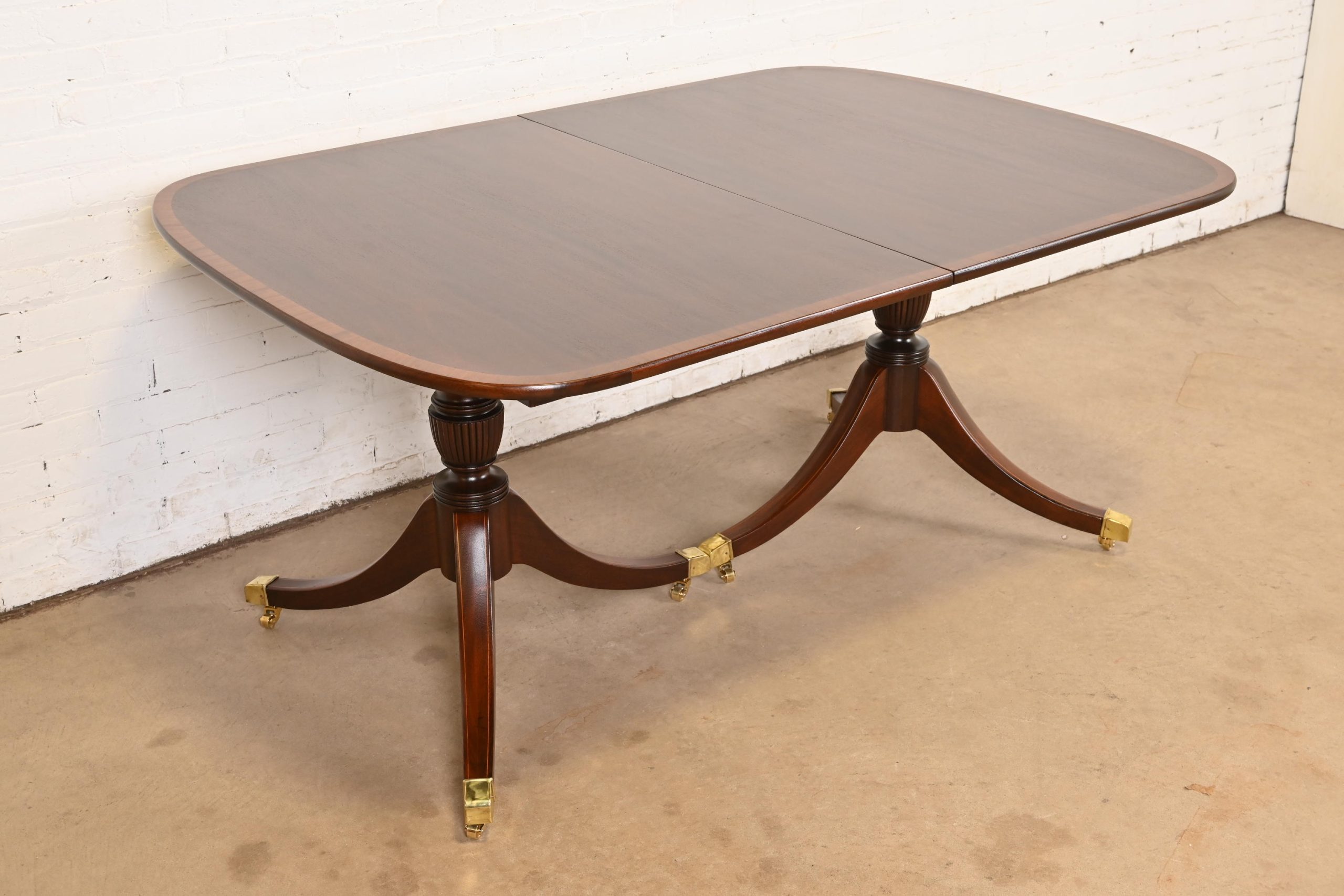 Baker Furniture Style Georgian Banded Mahogany Double Pedestal Extension Dining Table, Newly Refinished - Image 8
