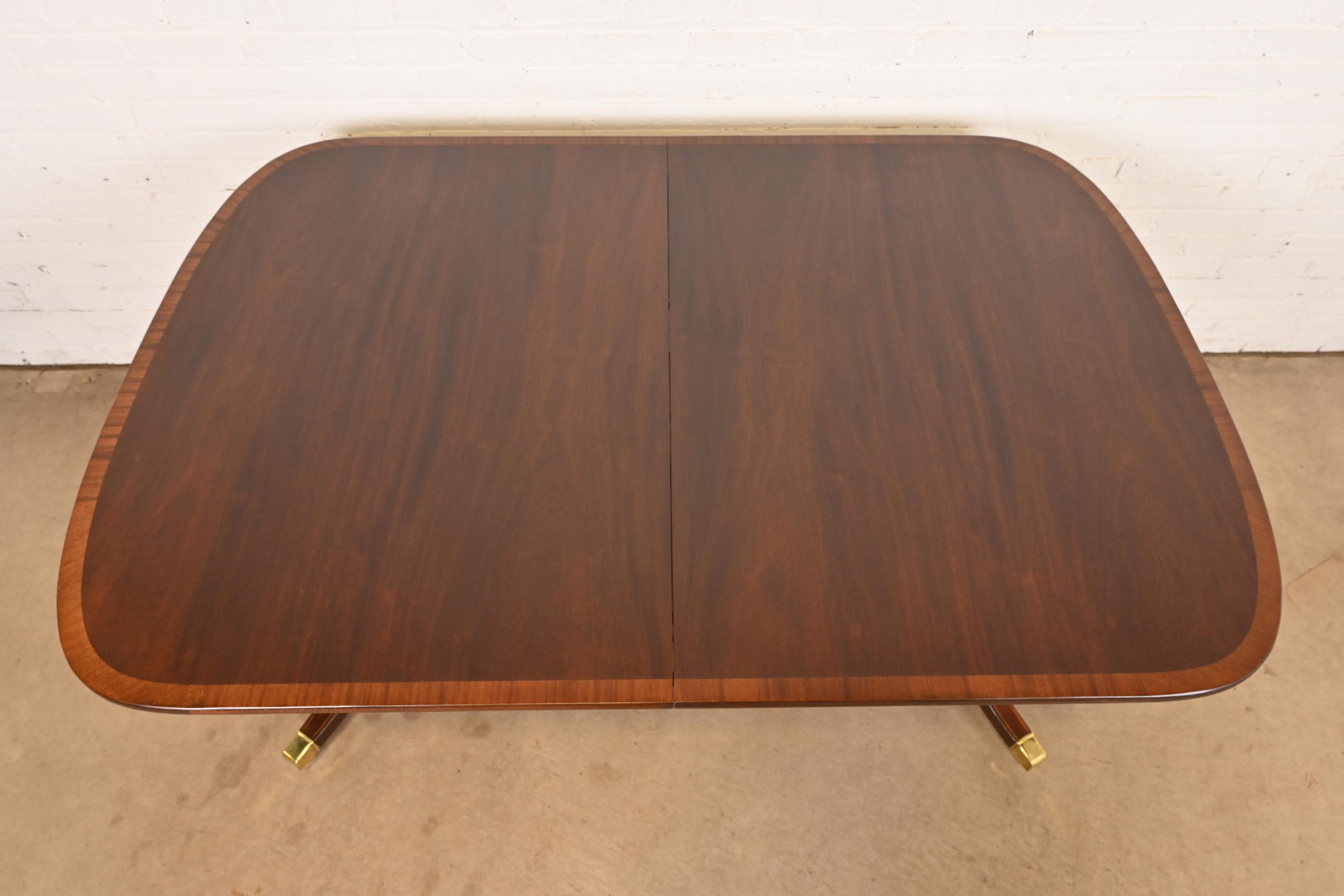 Baker Furniture Style Georgian Banded Mahogany Double Pedestal Extension Dining Table, Newly Refinished - Image 9