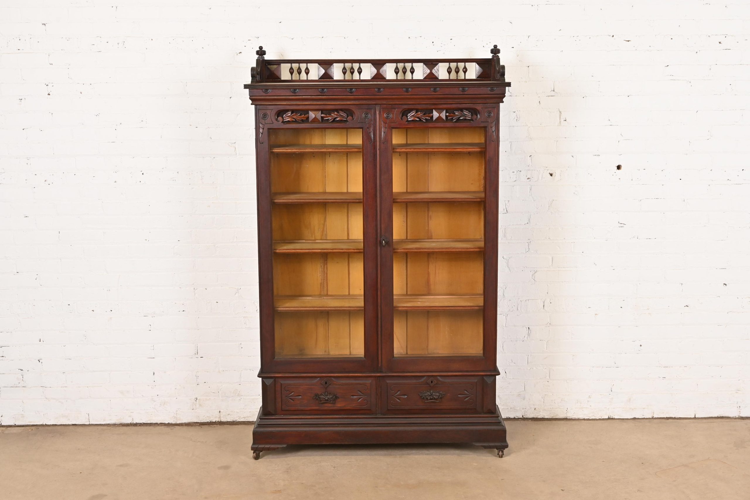 Herter Brothers Style Antique Eastlake Victorian Carved Walnut Bookcase Cabinet, Circa 1880s - Image 2