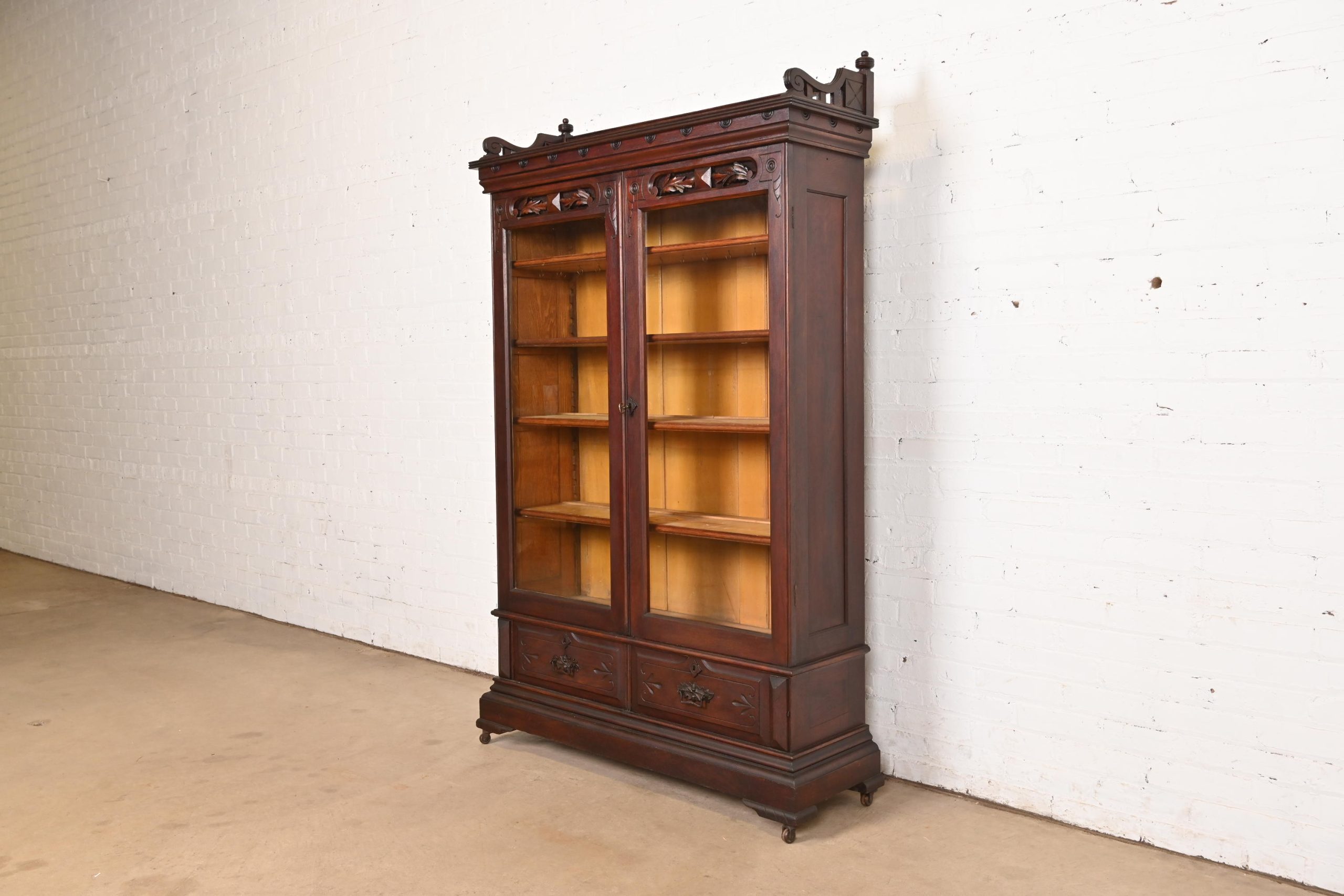 Herter Brothers Style Antique Eastlake Victorian Carved Walnut Bookcase Cabinet, Circa 1880s - Image 3