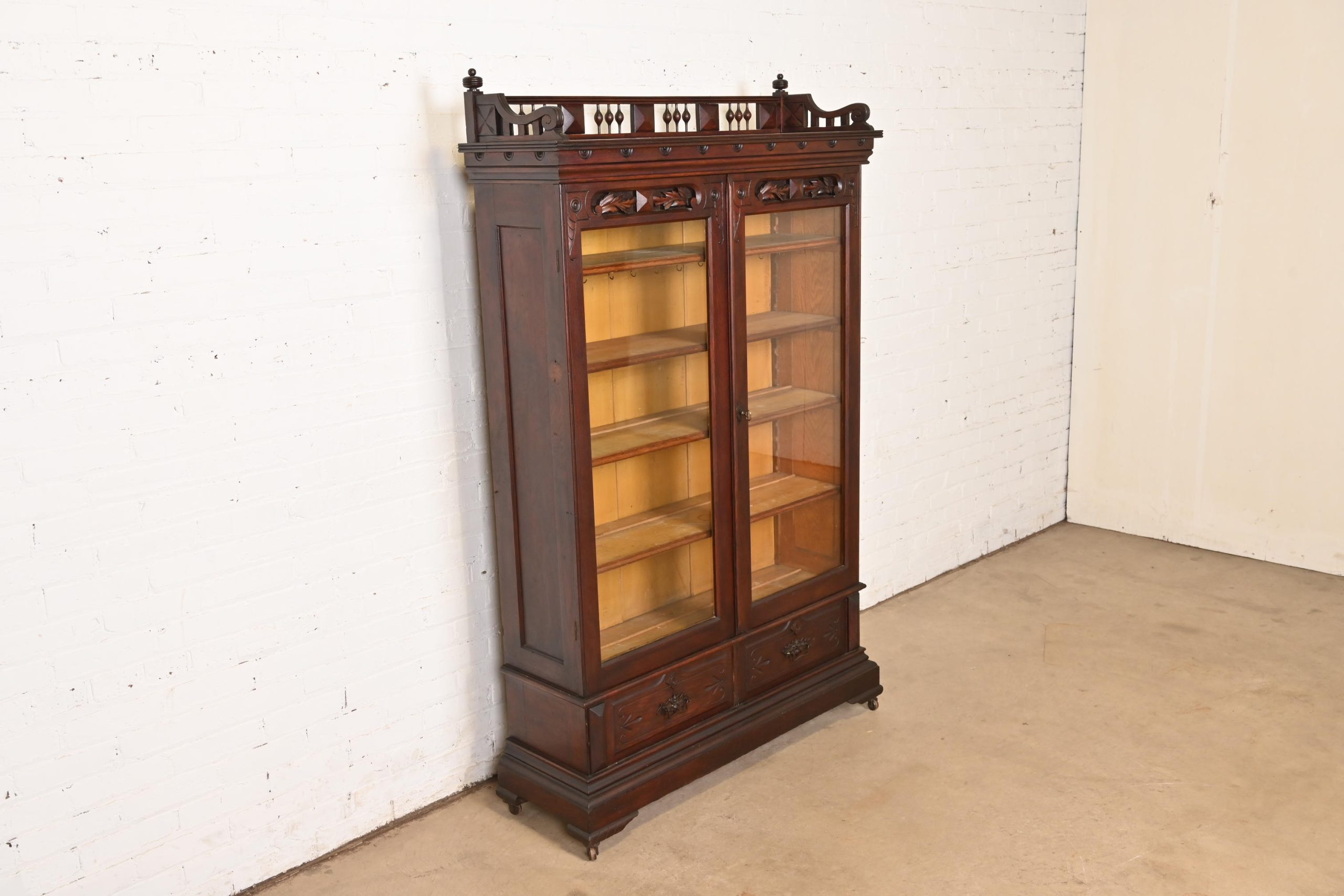 Herter Brothers Style Antique Eastlake Victorian Carved Walnut Bookcase Cabinet, Circa 1880s - Image 4