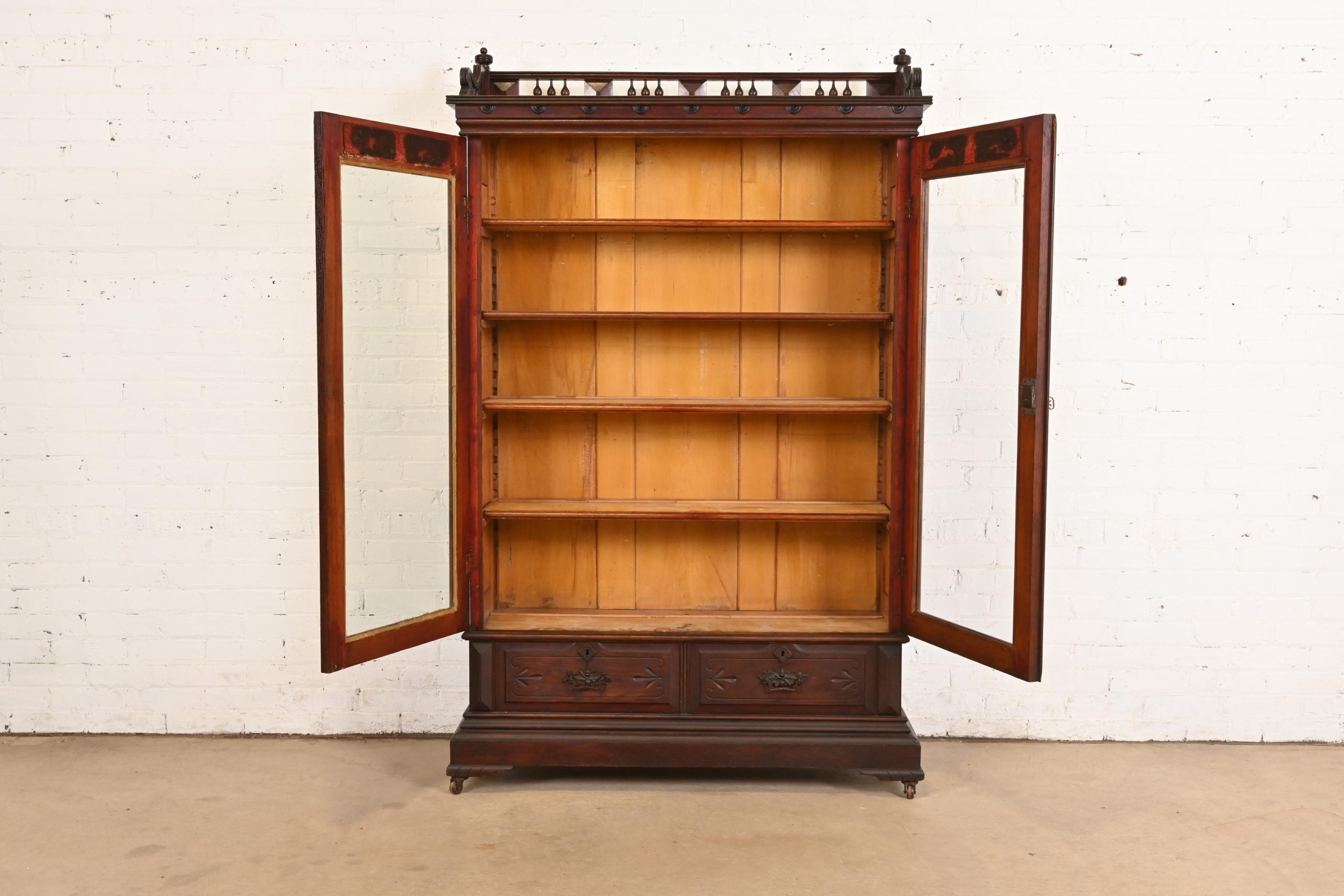 Herter Brothers Style Antique Eastlake Victorian Carved Walnut Bookcase Cabinet, Circa 1880s - Image 5