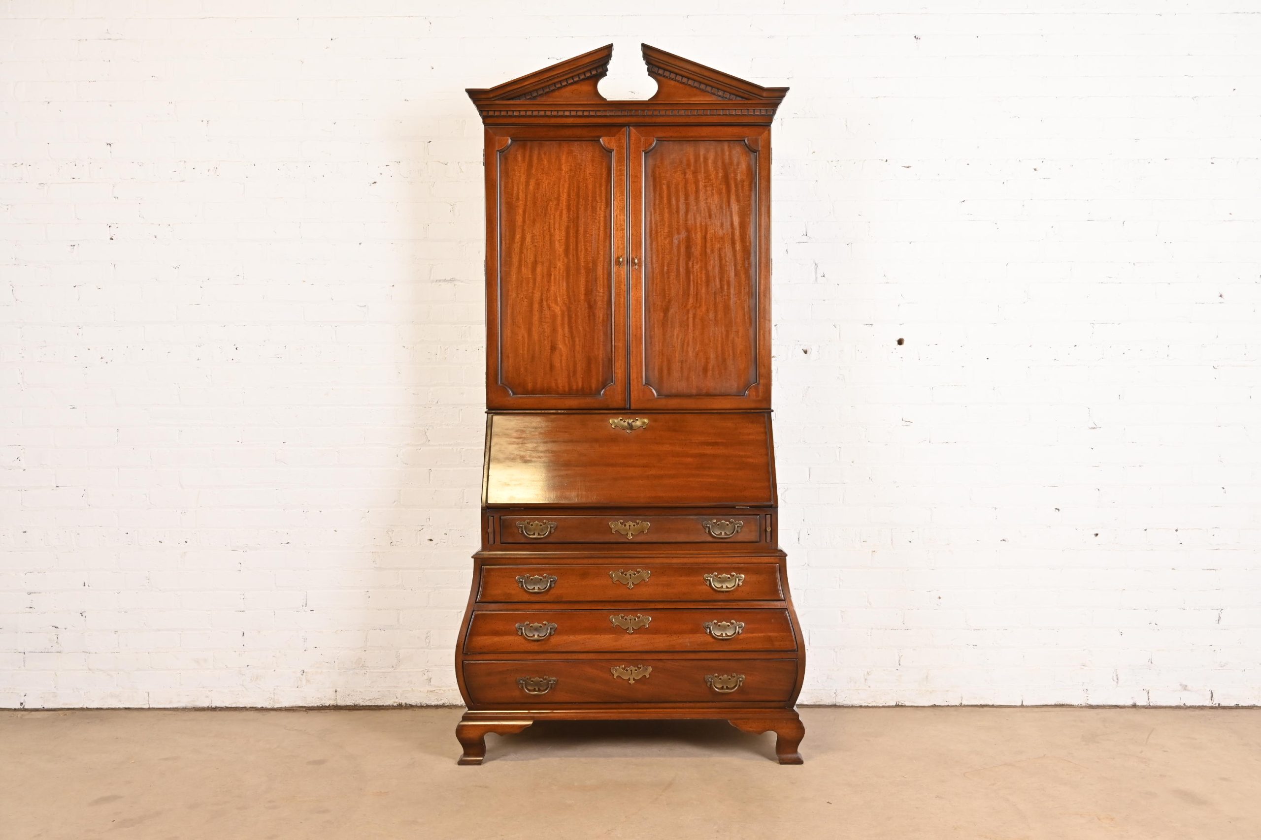 Drexel Georgian Mahogany Bombe Form Bureau With Drop Front Secretary Desk and Bookcase Hutch