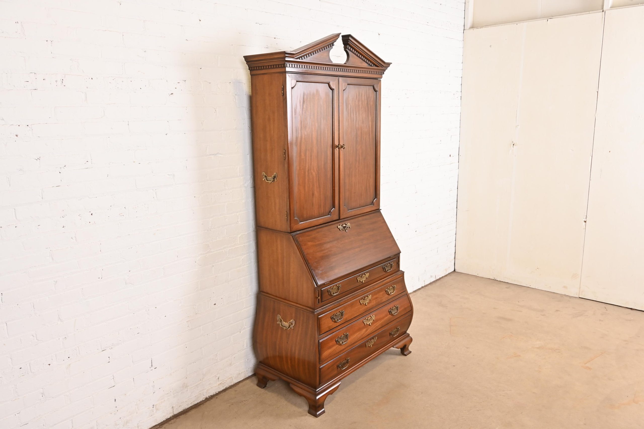 Drexel Georgian Mahogany Bombe Form Bureau With Drop Front Secretary Desk and Bookcase Hutch - Image 3