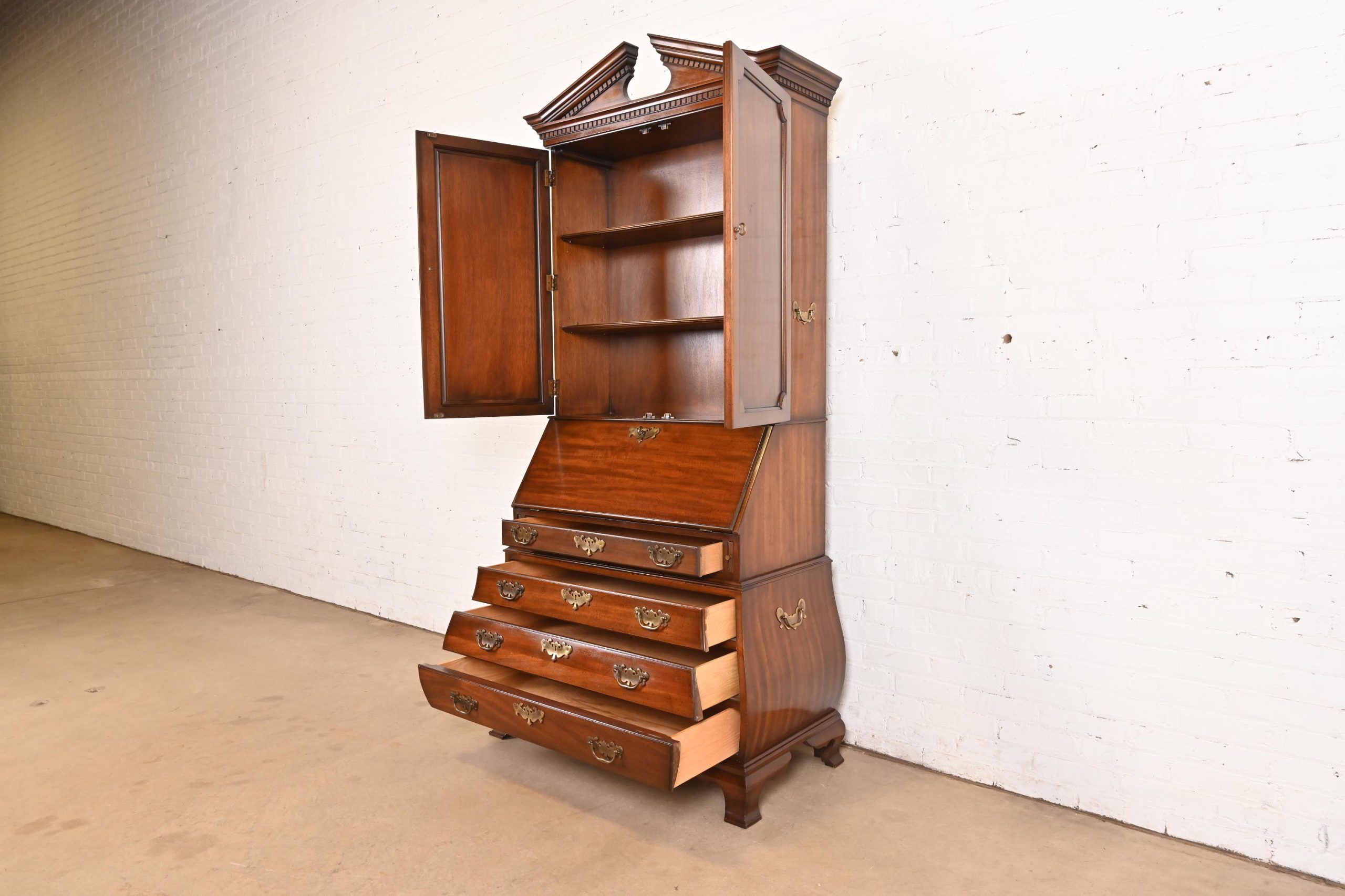 Drexel Georgian Mahogany Bombe Form Bureau With Drop Front Secretary Desk and Bookcase Hutch - Image 7
