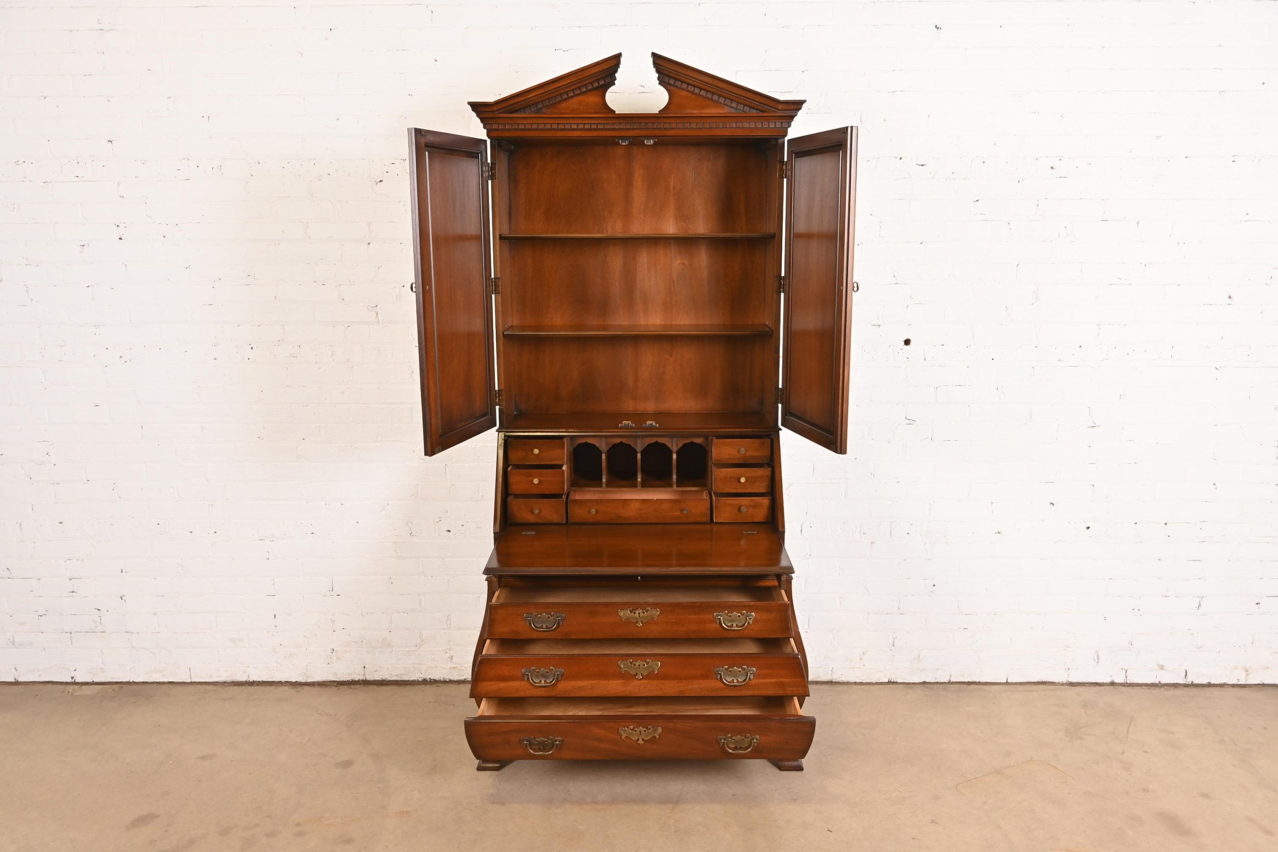 Drexel Georgian Mahogany Bombe Form Bureau With Drop Front Secretary Desk and Bookcase Hutch - Image 4