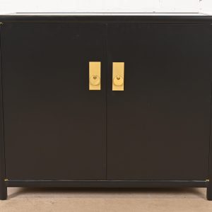 Michael Taylor for Baker Hollywood Regency Black Lacquered Bar Cabinet, Newly Refinished