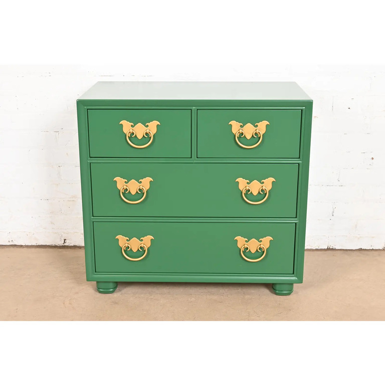 Henredon Mid-Century Hollywood Regency Chinoiserie Green Lacquered Bedside Chest, Newly Refinished - Image 2