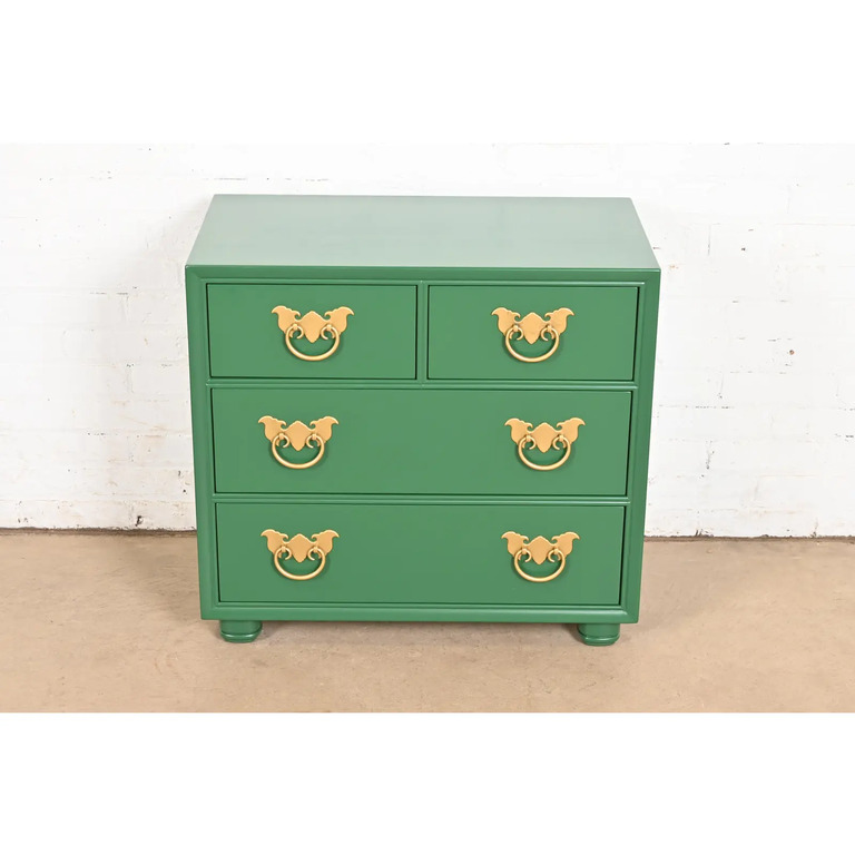 Henredon Mid-Century Hollywood Regency Chinoiserie Green Lacquered Bedside Chest, Newly Refinished - Image 3