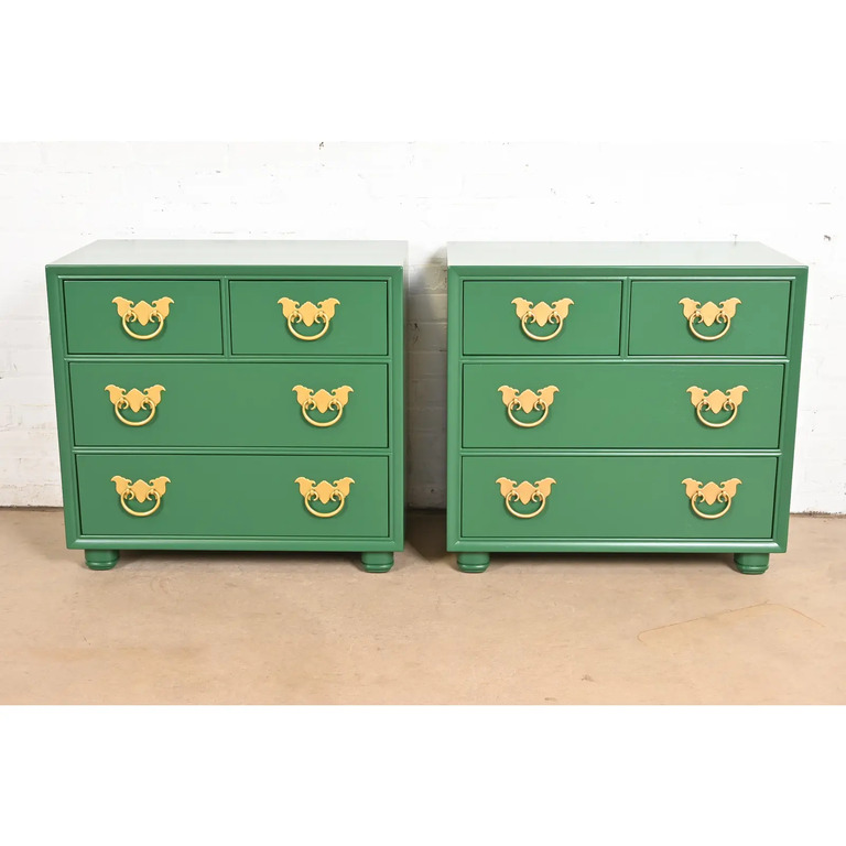 Henredon Mid-Century Hollywood Regency Chinoiserie Green Lacquered Bedside Chest, Newly Refinished - Image 13