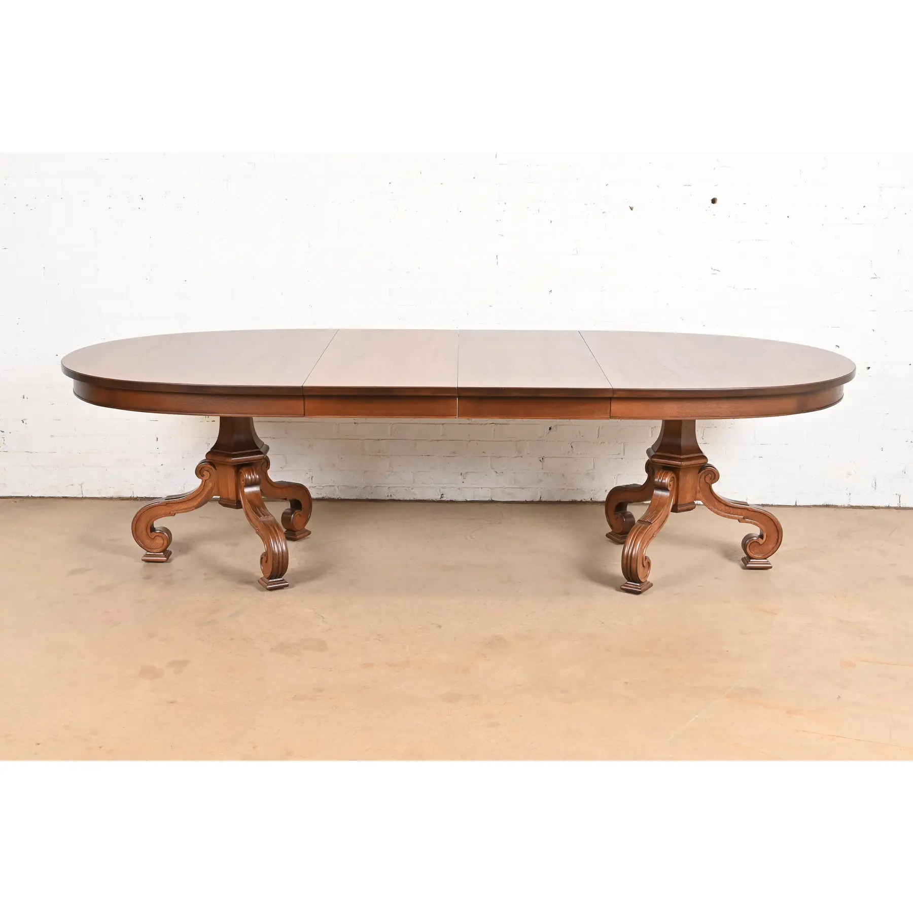 Thomasville Regency Walnut and Burl Wood Double Pedestal Extension Dining Table, Newly Refinished - Image 2