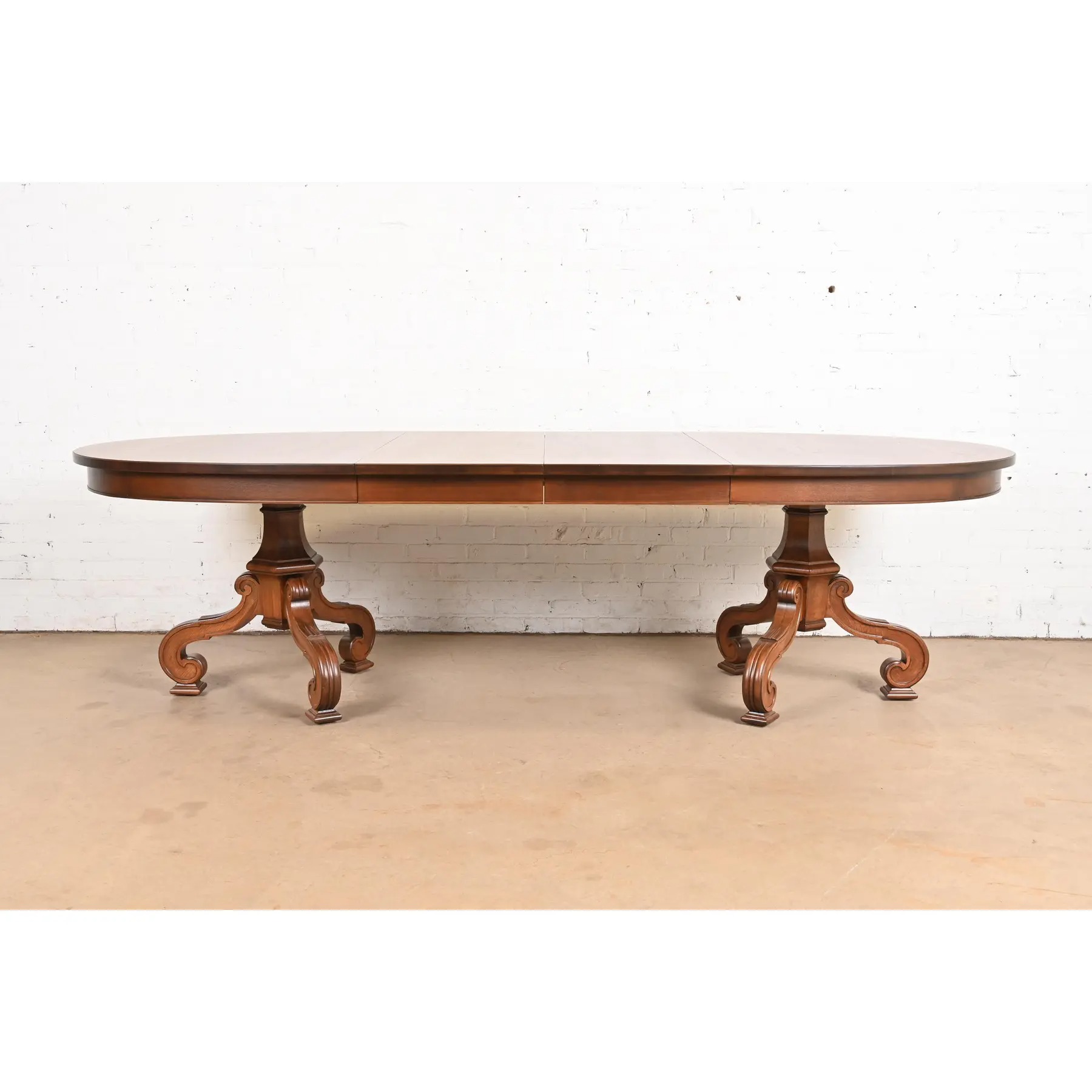 Thomasville Regency Walnut and Burl Wood Double Pedestal Extension Dining Table, Newly Refinished - Image 3