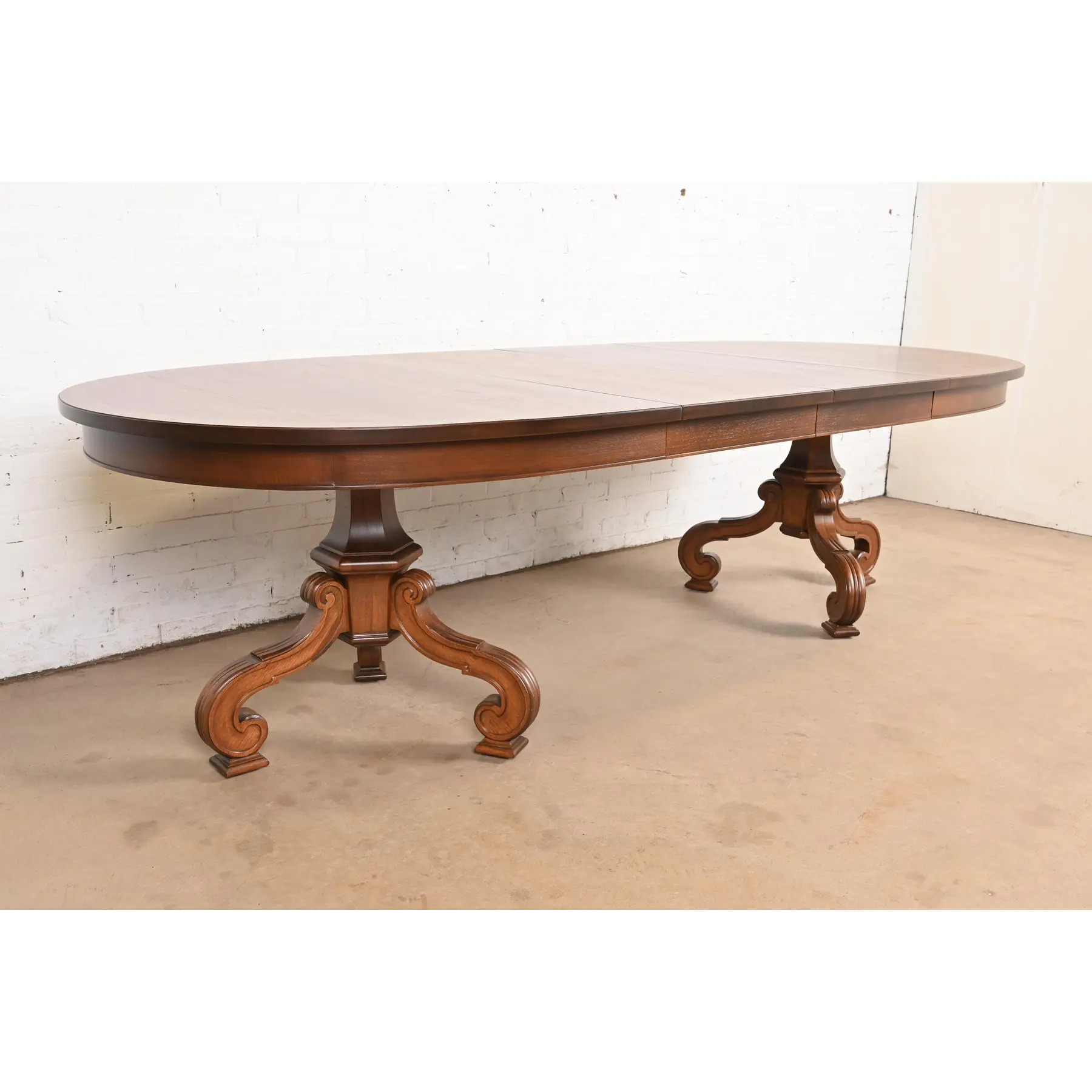 Thomasville Regency Walnut and Burl Wood Double Pedestal Extension Dining Table, Newly Refinished - Image 4