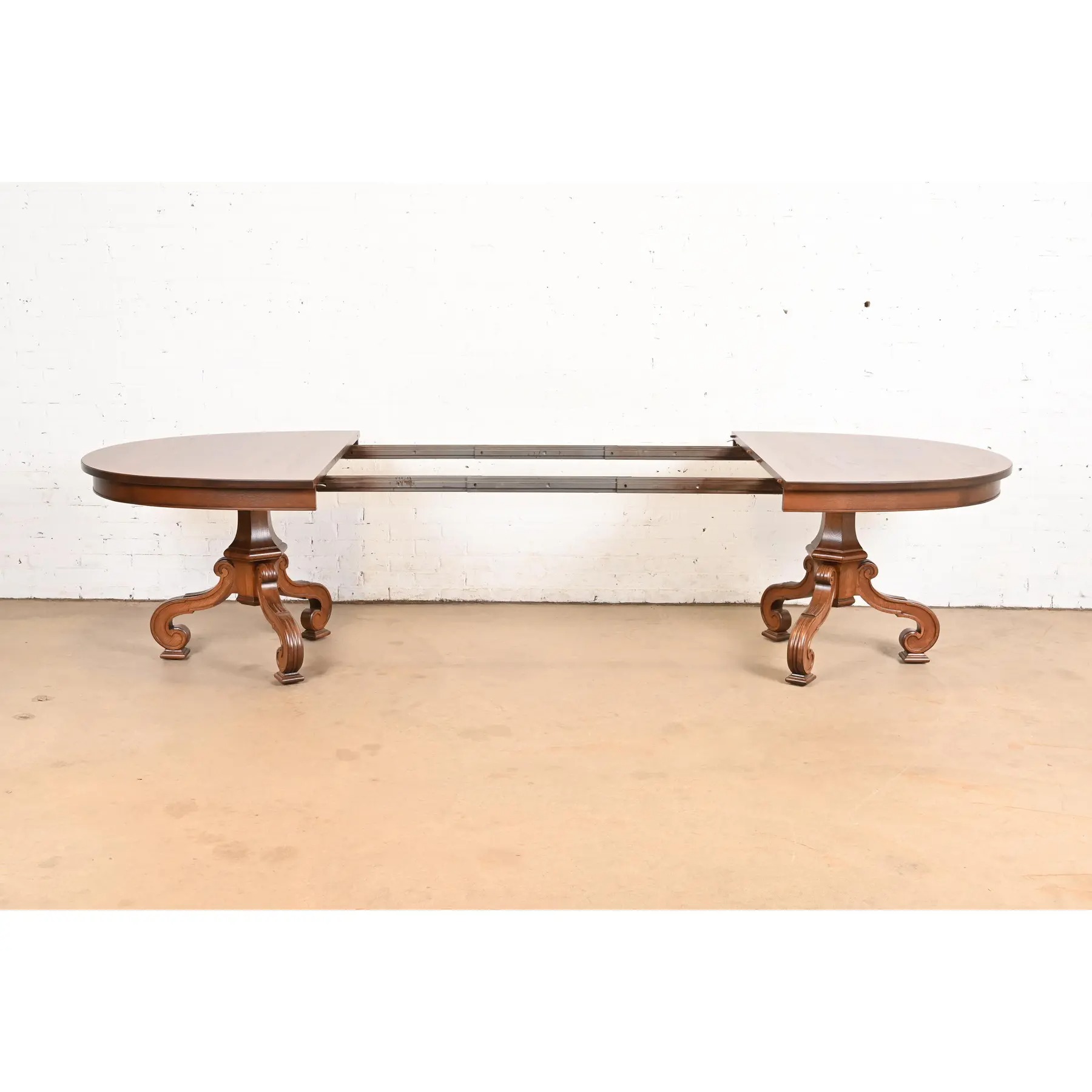 Thomasville Regency Walnut and Burl Wood Double Pedestal Extension Dining Table, Newly Refinished - Image 6