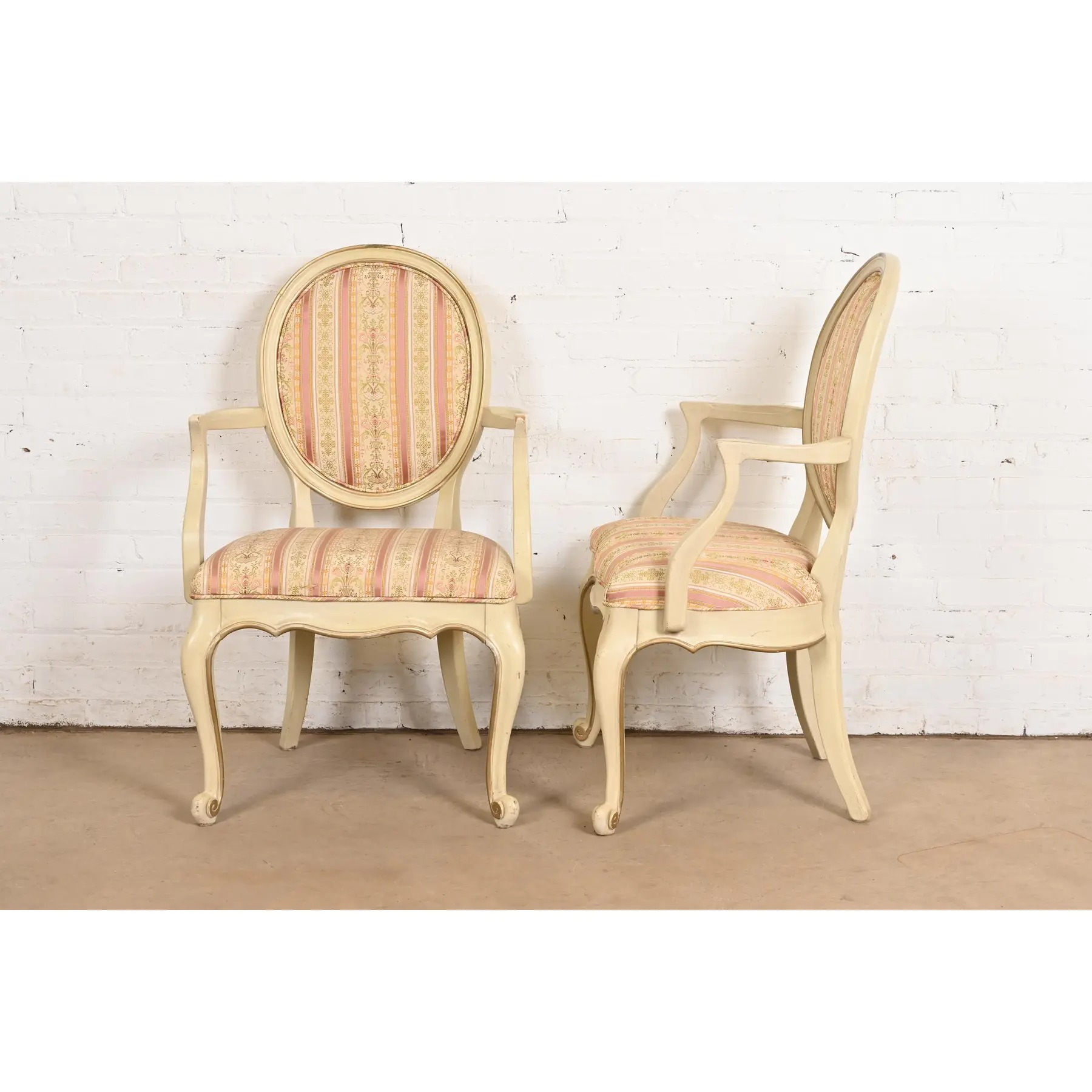 Karges French Provincial Louis XV Cream Lacquered and Gold Gilt Armchairs or Dining Chairs, Pair - Image 8