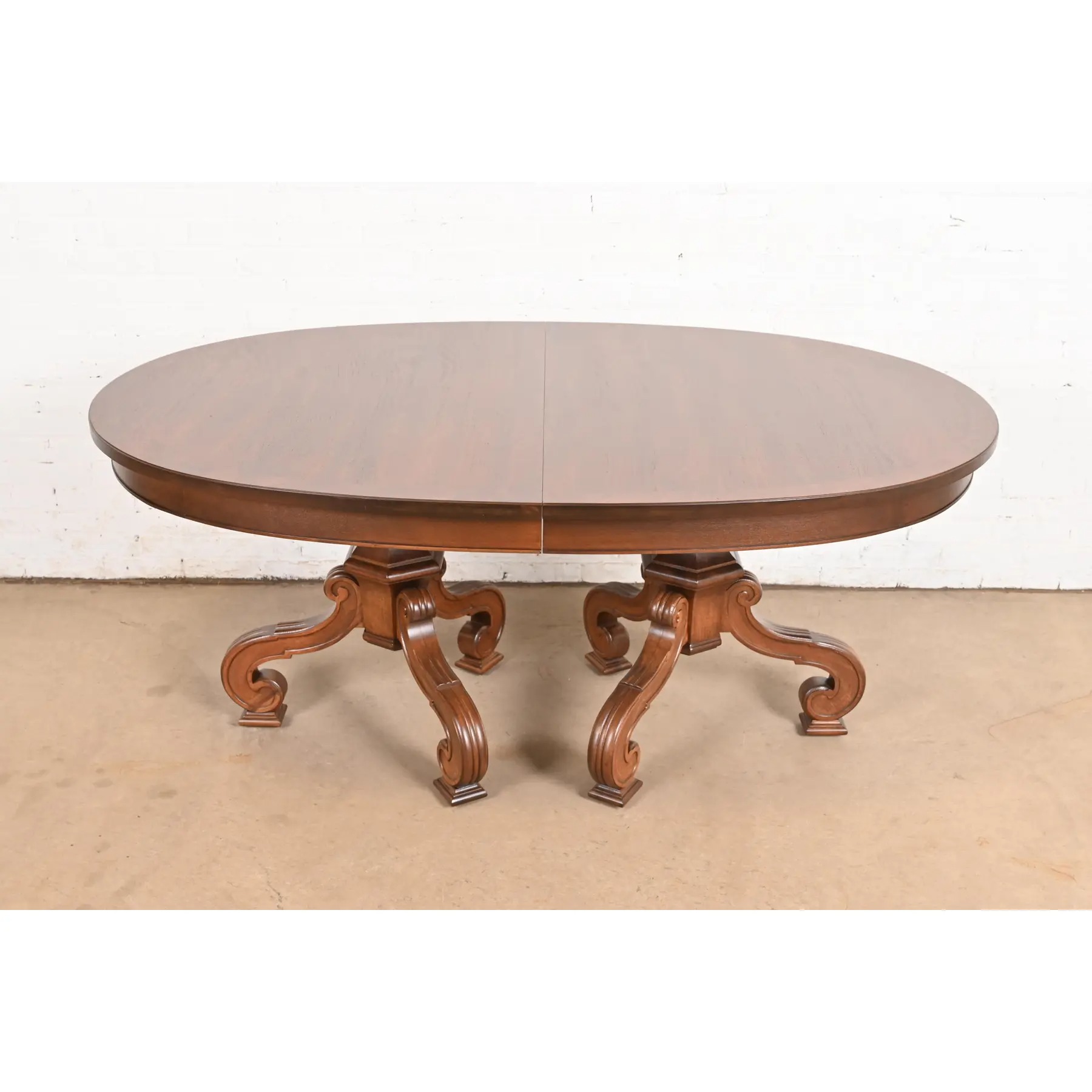 Thomasville Regency Walnut and Burl Wood Double Pedestal Extension Dining Table, Newly Refinished - Image 7