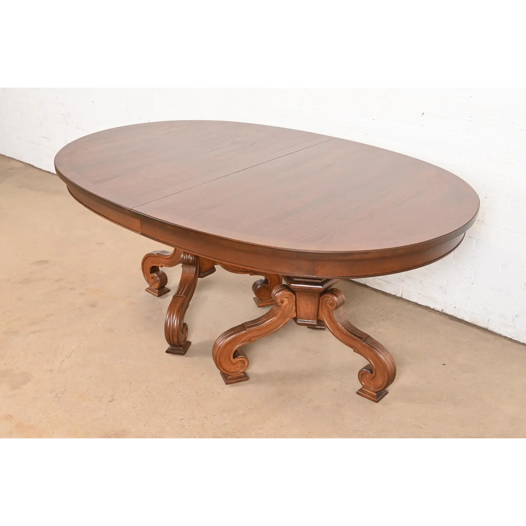 Thomasville Regency Walnut and Burl Wood Double Pedestal Extension Dining Table, Newly Refinished - Image 8