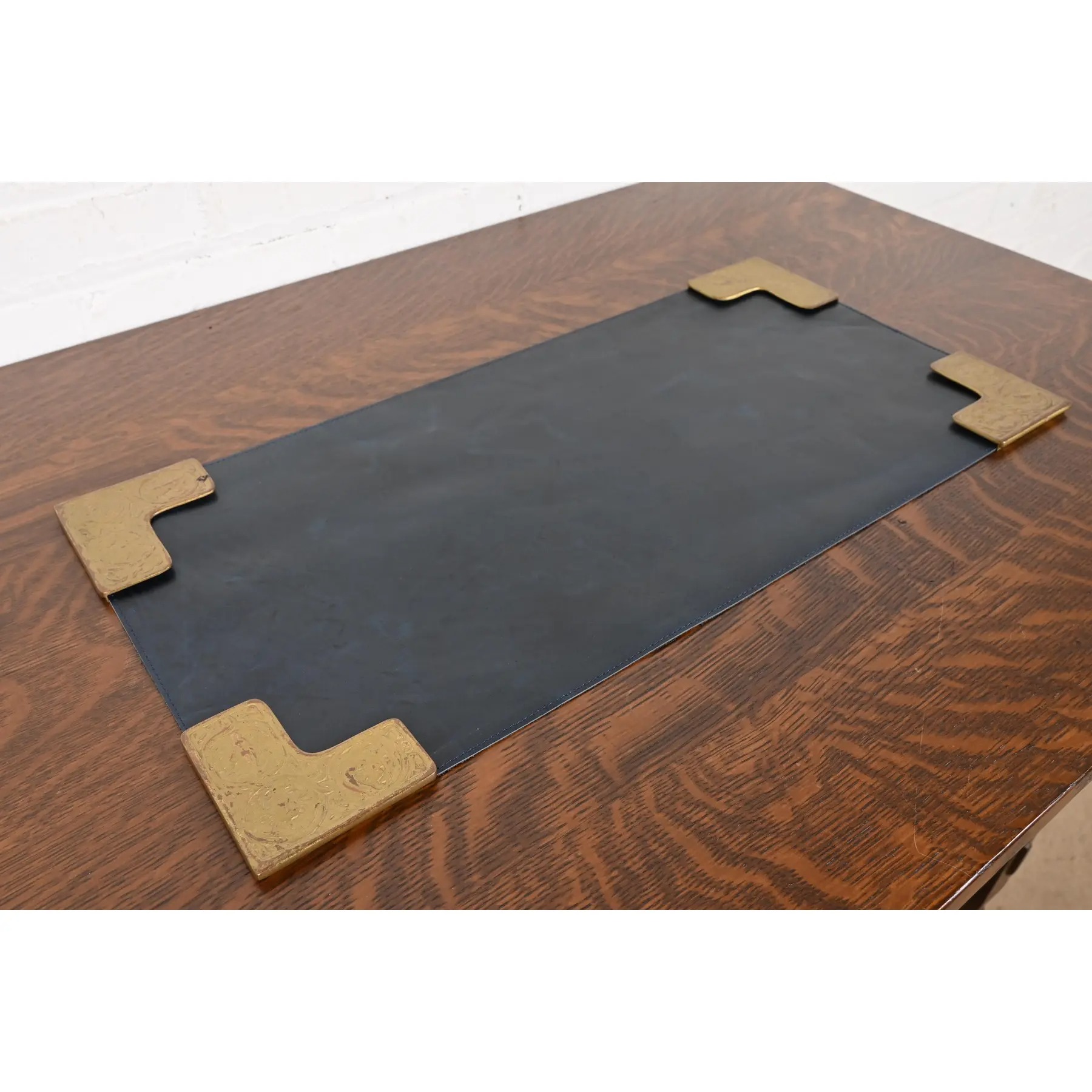 Tiffany Studios New York Zodiac Bronze Doré Blotter Corners With Leather Desk Blotter - Image 4