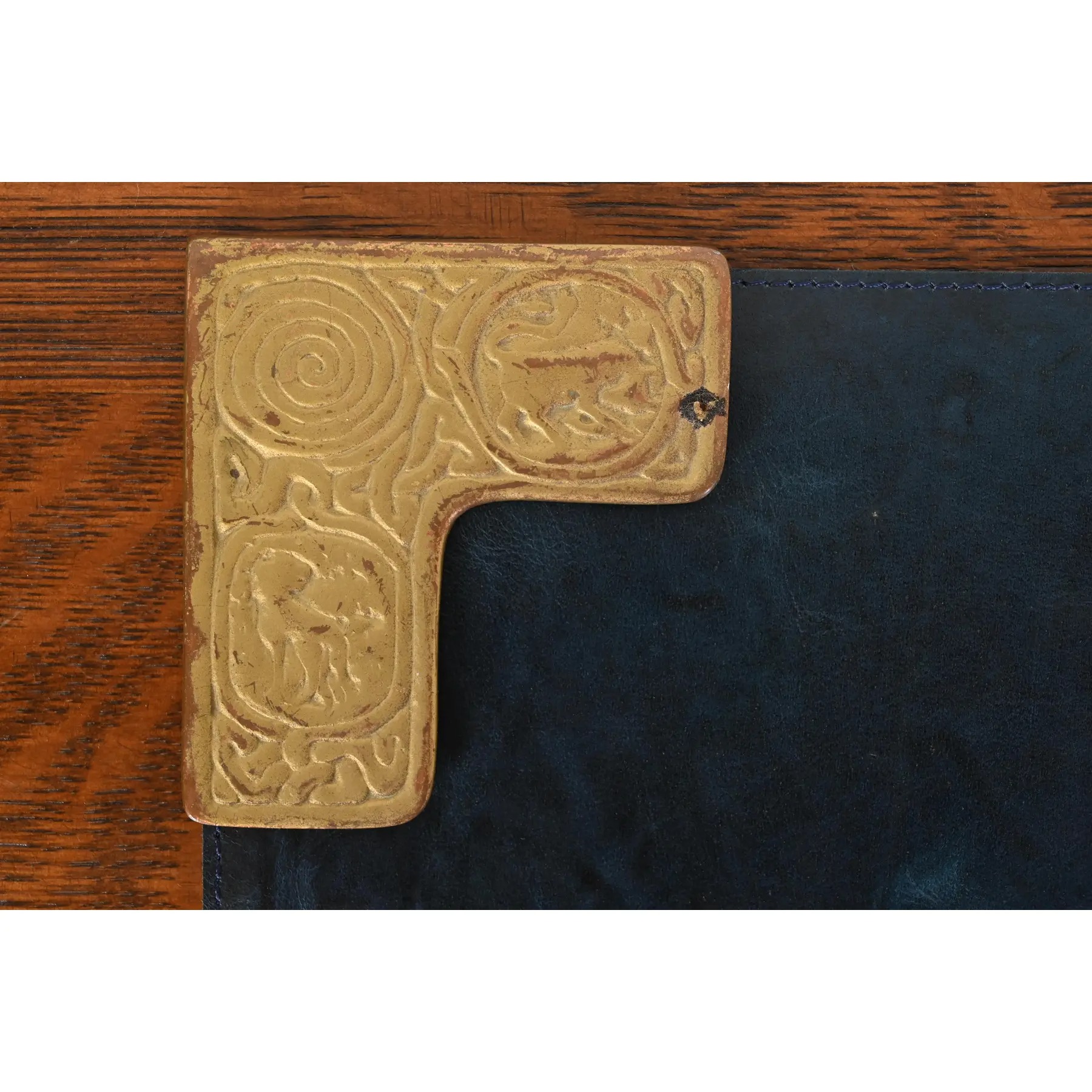 Tiffany Studios New York Zodiac Bronze Doré Blotter Corners With Leather Desk Blotter - Image 5
