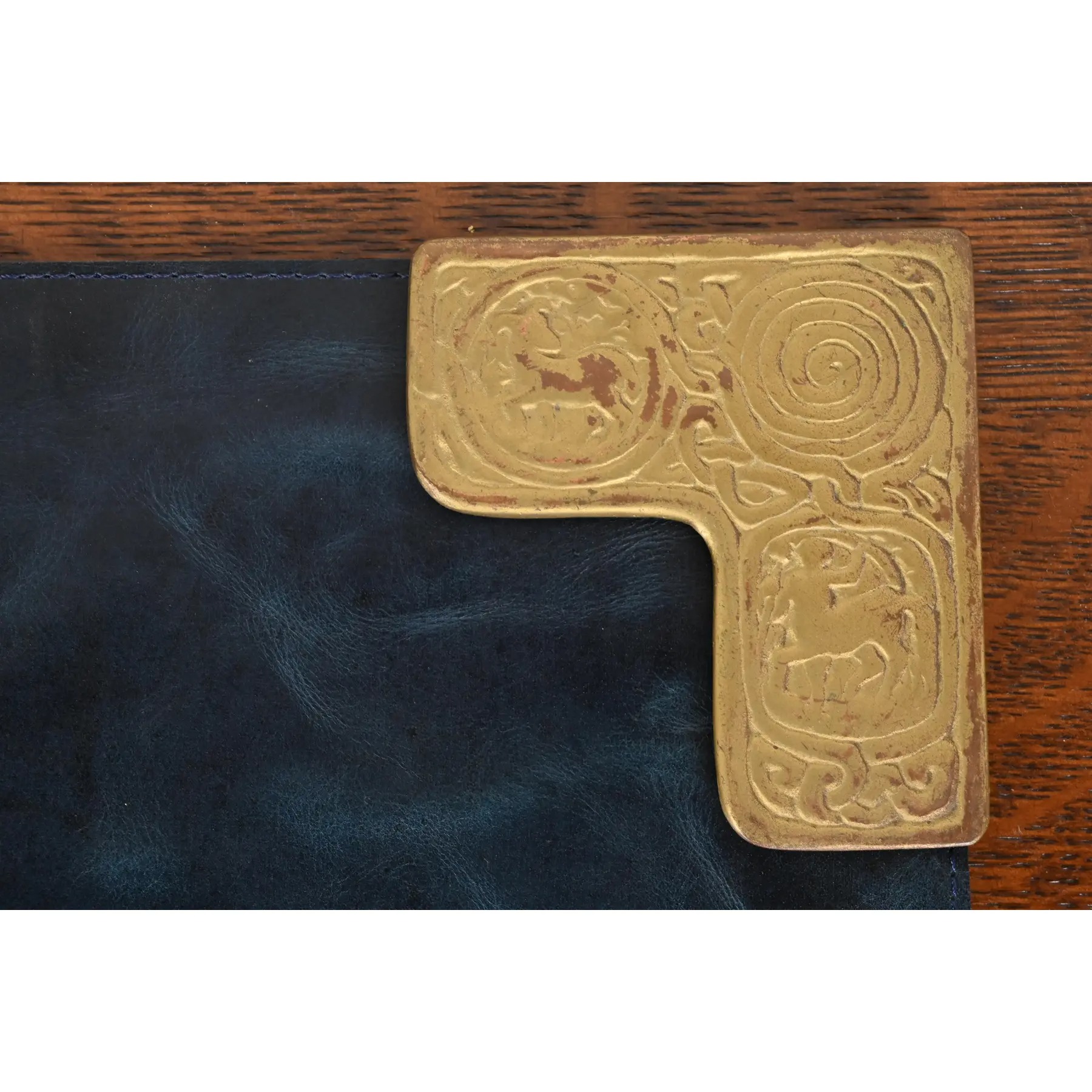 Tiffany Studios New York Zodiac Bronze Doré Blotter Corners With Leather Desk Blotter - Image 7