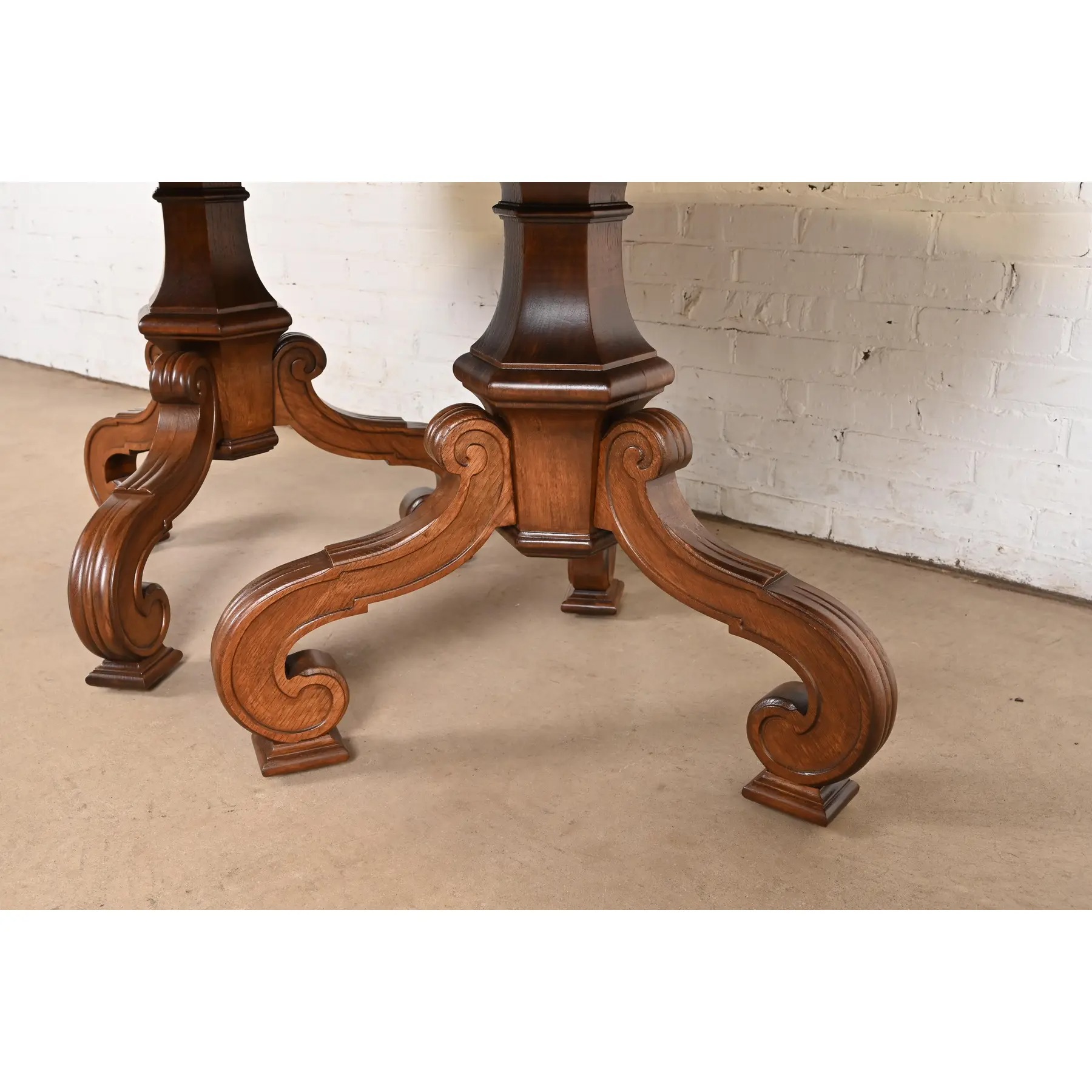 Thomasville Regency Walnut and Burl Wood Double Pedestal Extension Dining Table, Newly Refinished - Image 11