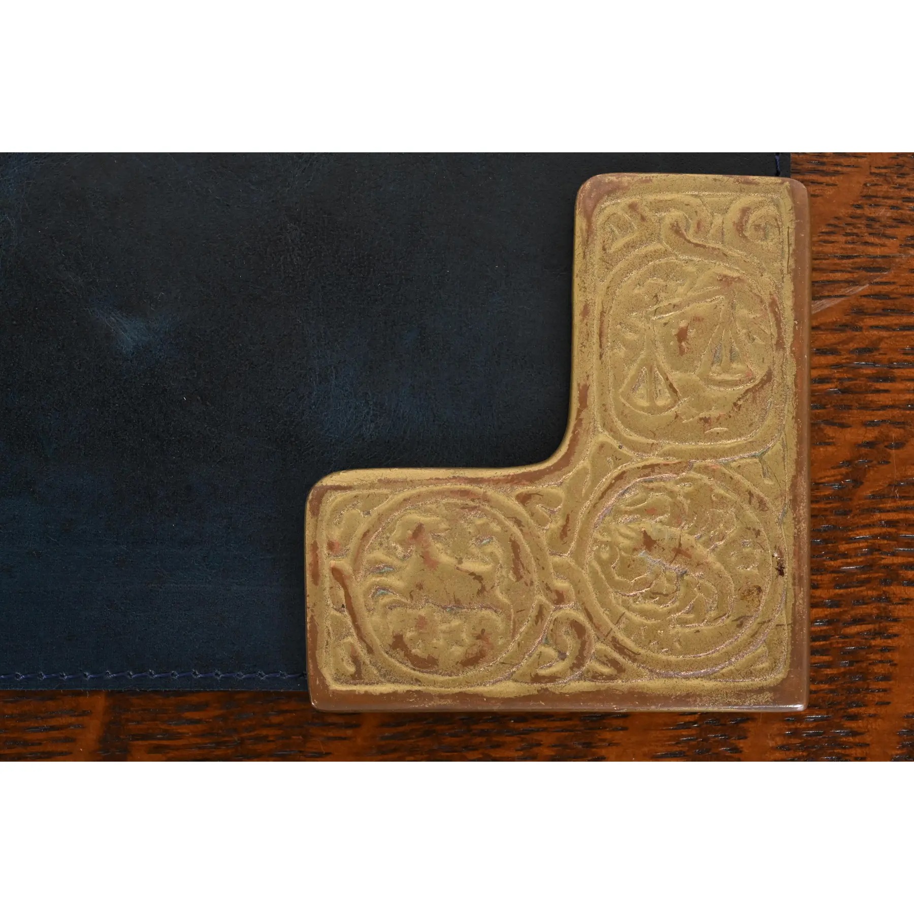 Tiffany Studios New York Zodiac Bronze Doré Blotter Corners With Leather Desk Blotter - Image 8
