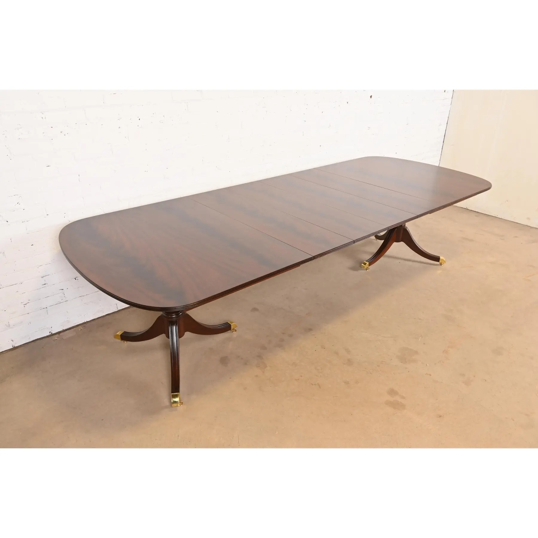 Kindel Furniture Georgian Flame Mahogany Double Pedestal Extension Dining Table, Newly Refinished