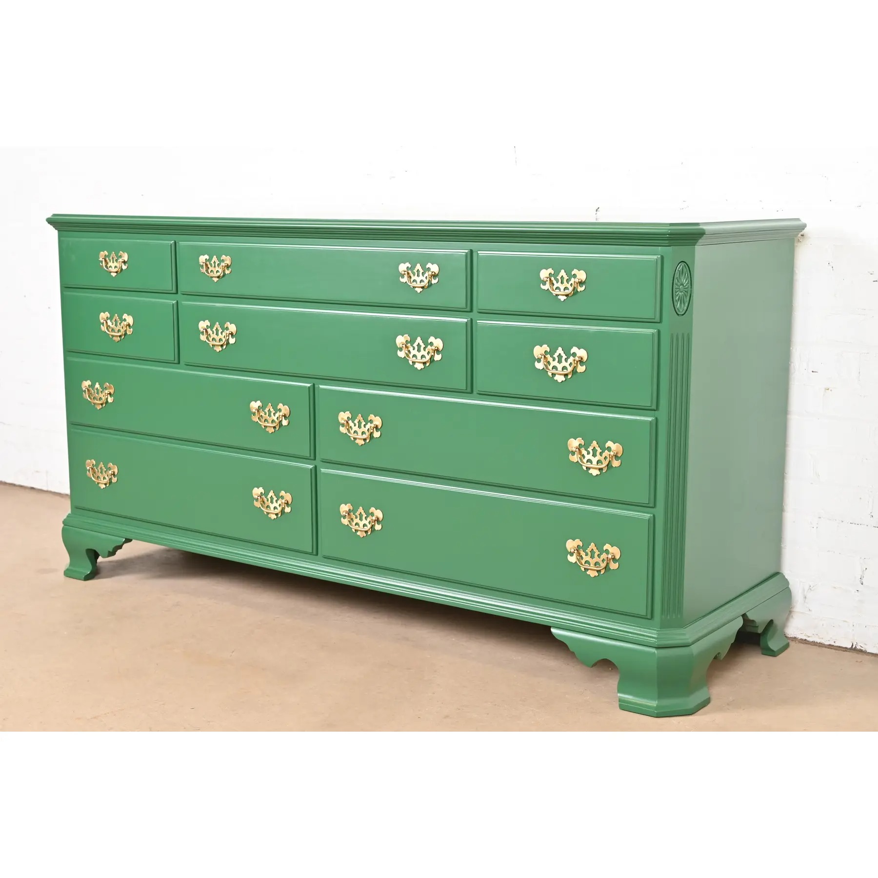 Ethan Allen Georgian Green Lacquered Dresser or Credenza, Newly Refinished