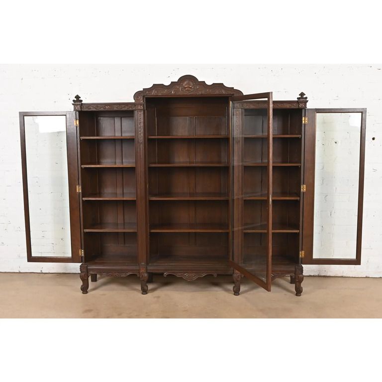 R. J. Horner Style Antique Victorian Carved Oak Triple Bookcase, Circa 1890s - Image 5