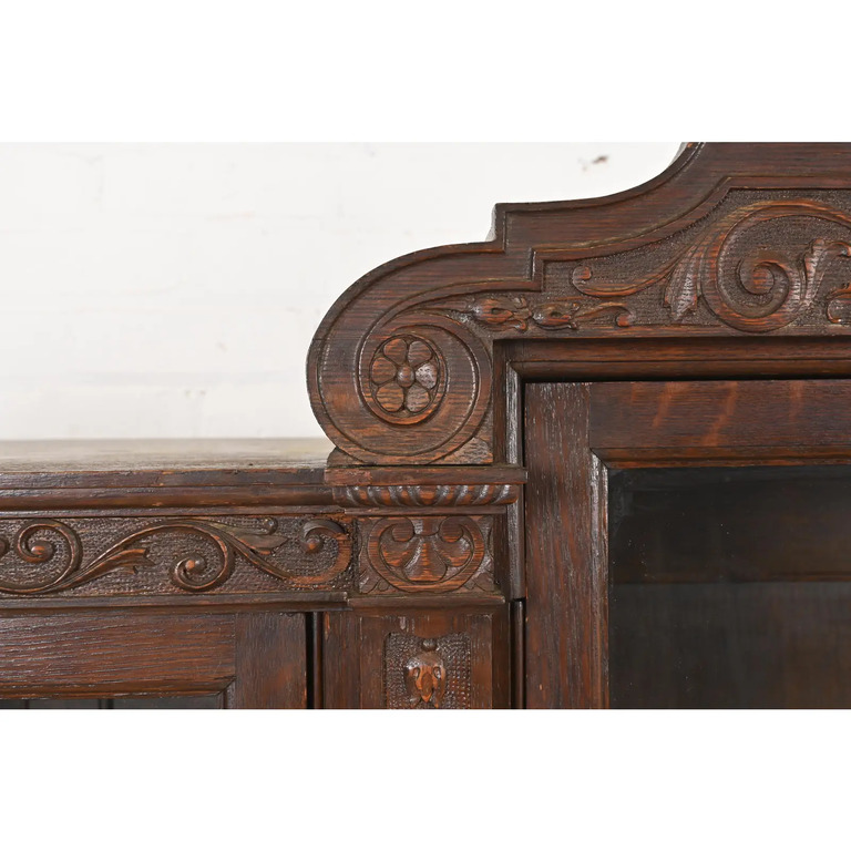 R. J. Horner Style Antique Victorian Carved Oak Triple Bookcase, Circa 1890s - Image 7