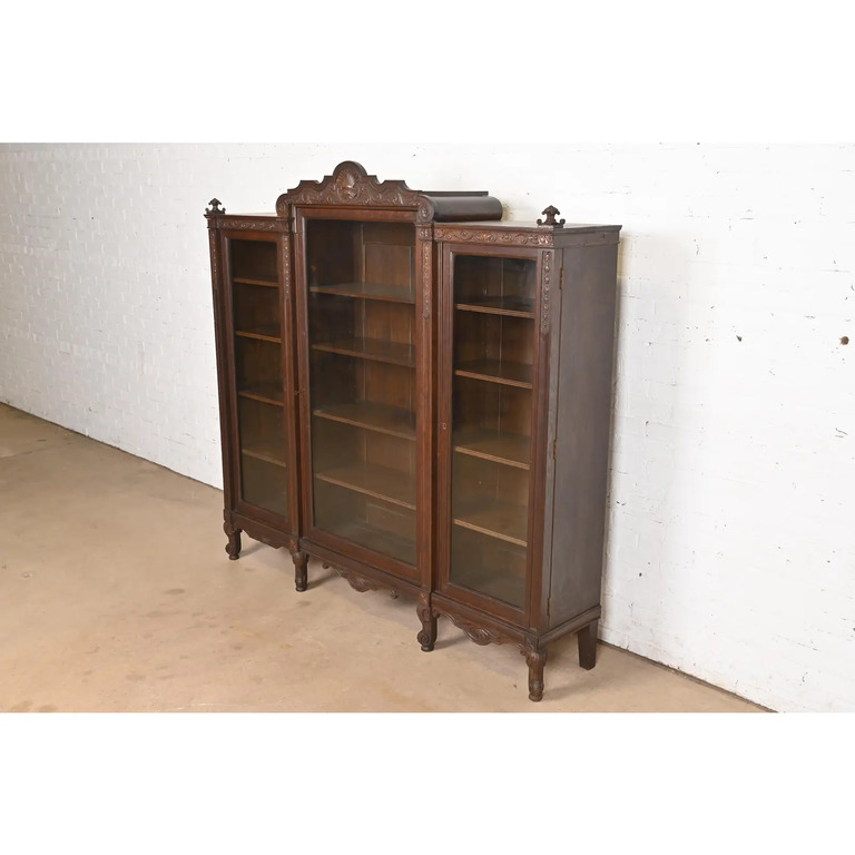 R. J. Horner Style Antique Victorian Carved Oak Triple Bookcase, Circa 1890s - Image 3