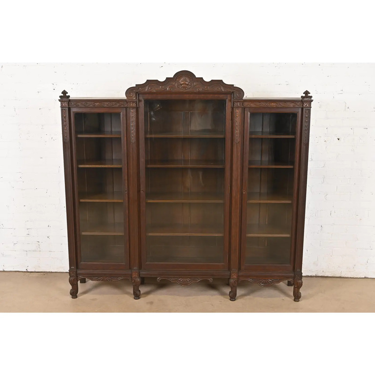 R. J. Horner Style Antique Victorian Carved Oak Triple Bookcase, Circa 1890s - Image 2