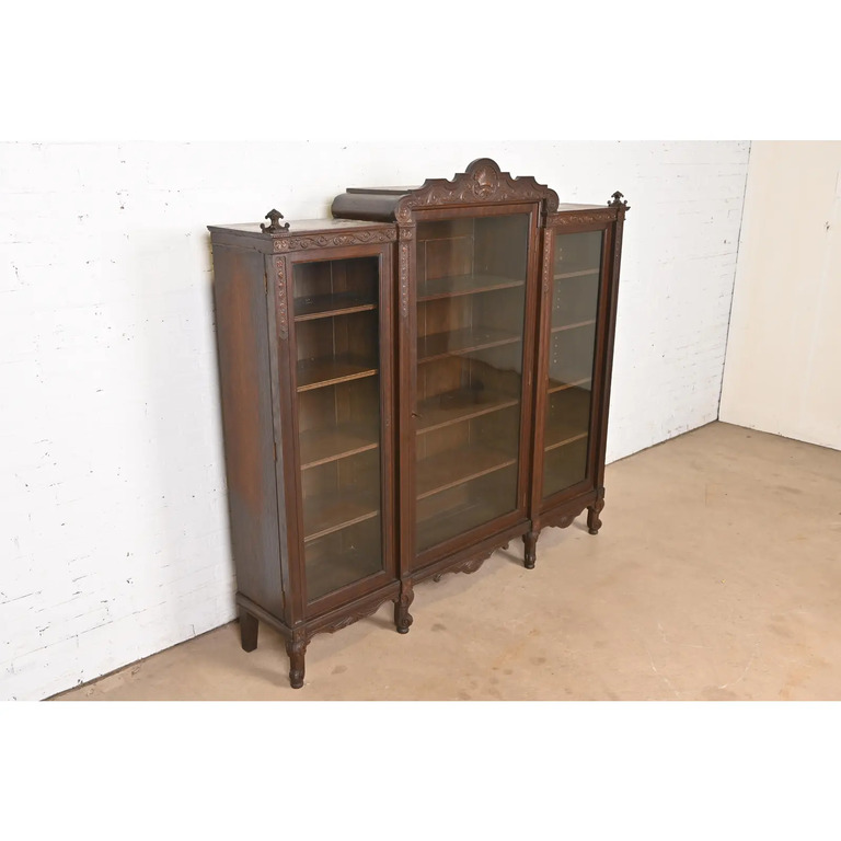 R. J. Horner Style Antique Victorian Carved Oak Triple Bookcase, Circa 1890s - Image 4