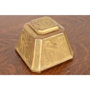 Tiffany Studios New York Chinese Pattern Bronze Doré Large Inkwell