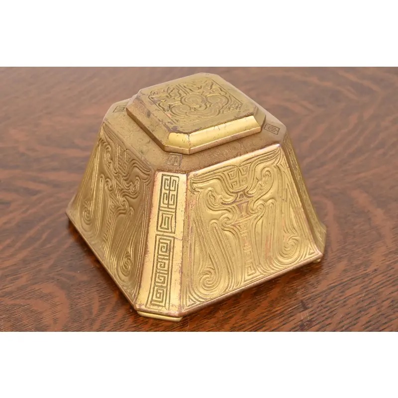 Tiffany Studios New York Chinese Pattern Bronze Doré Large Inkwell