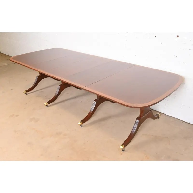 Baker Furniture Georgian Banded Mahogany Pedestal Dining Table, Newly Refinished