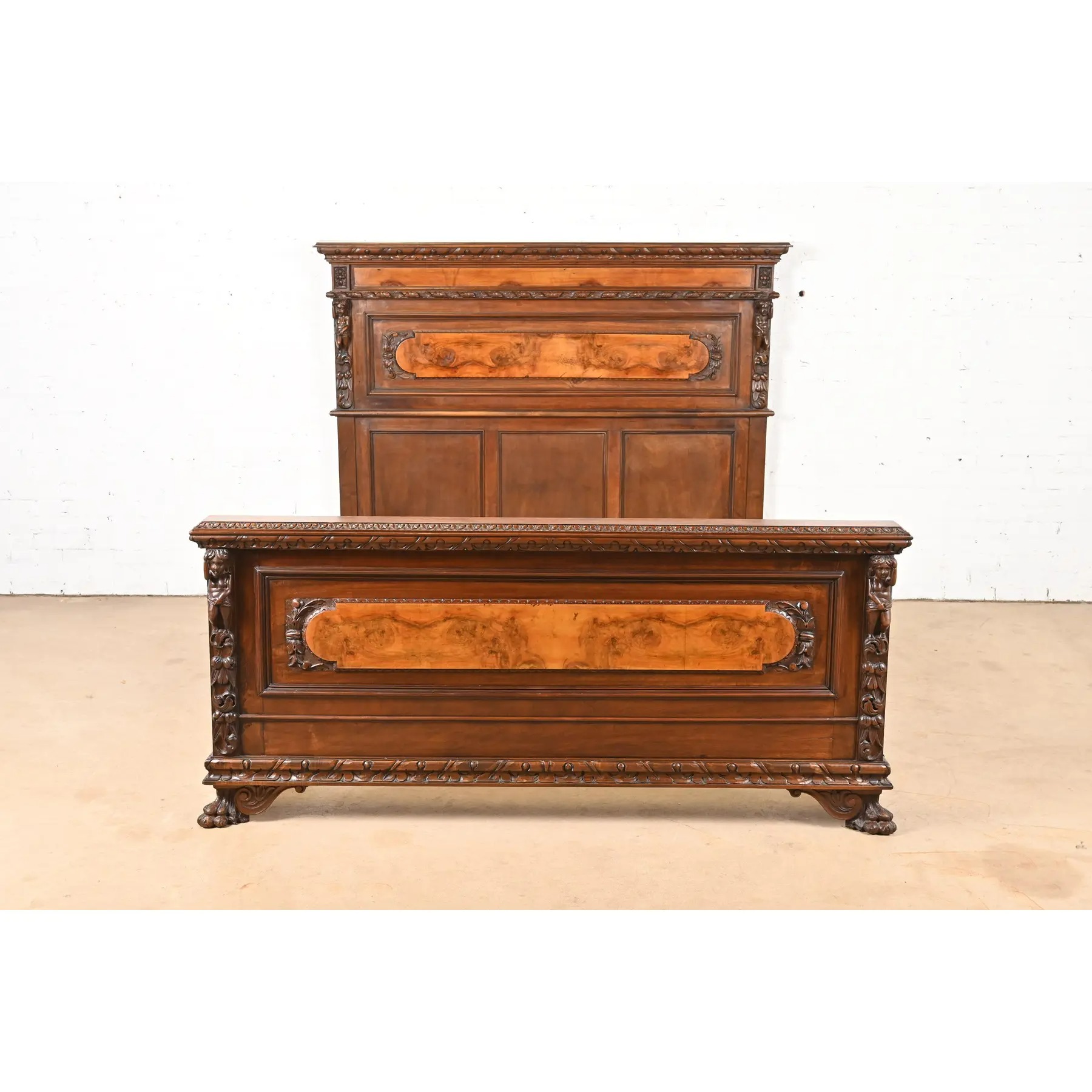 Antique Italian Renaissance Revival Carved Walnut and Burl Wood Queen Size Bed, Circa 1900 - Image 3
